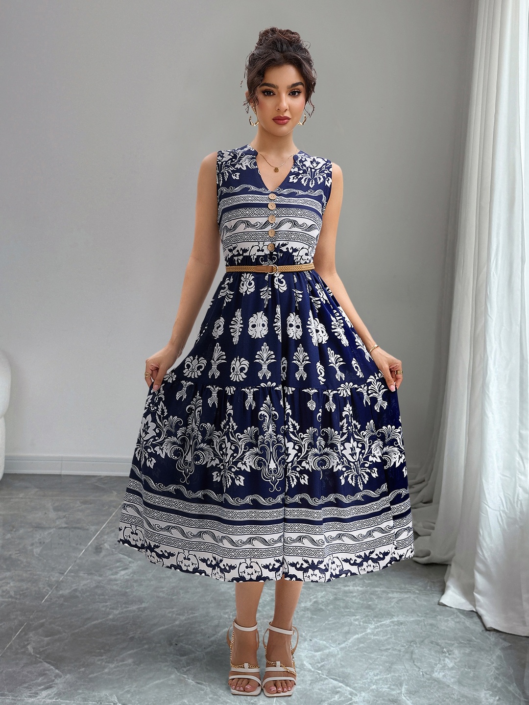 Navy Blue Printed Sleeveless Midi Dress