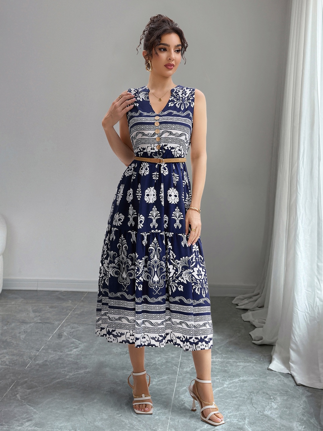 Navy Blue Printed Sleeveless Midi Dress