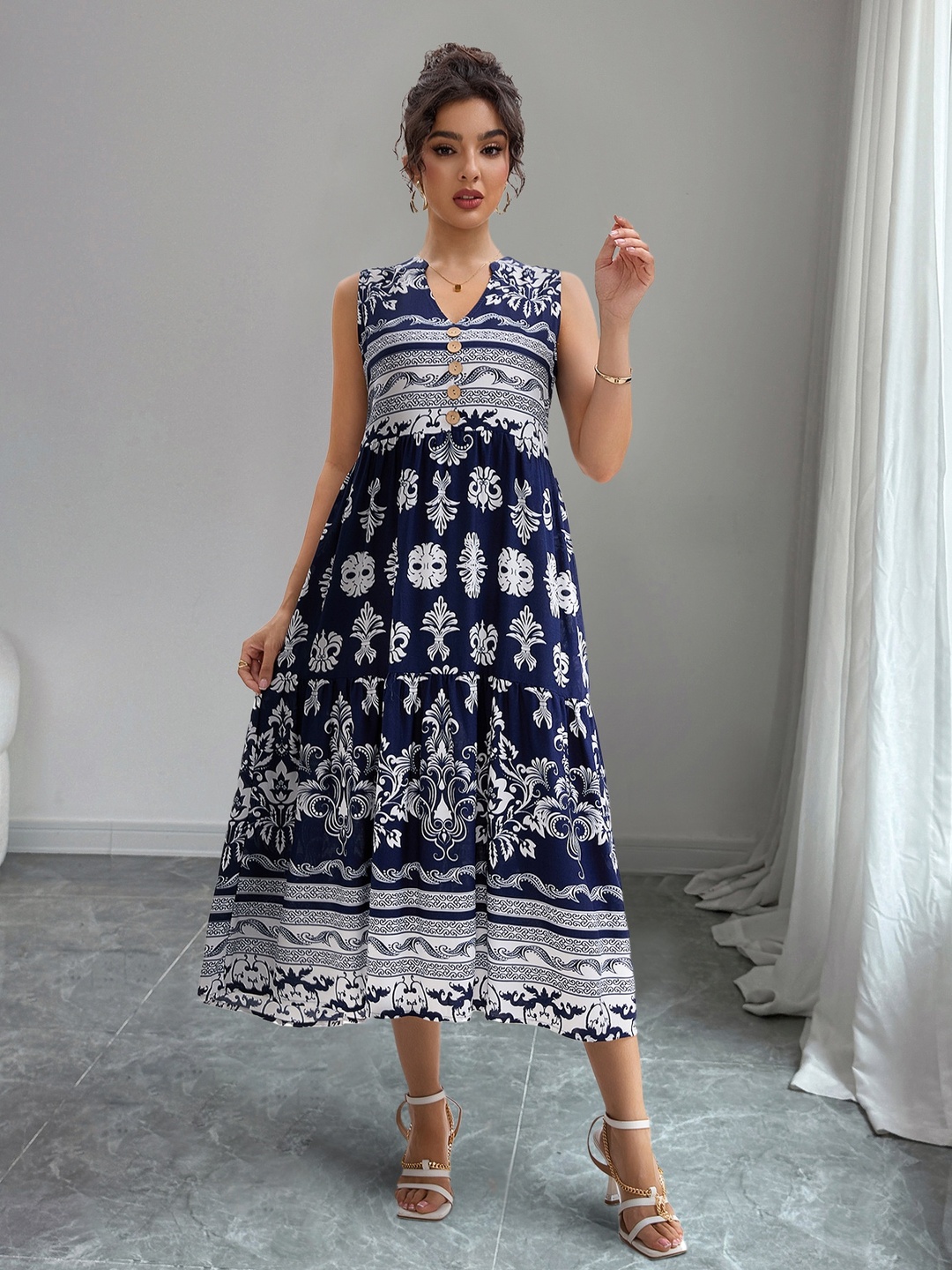 Navy Blue Printed Sleeveless Midi Dress