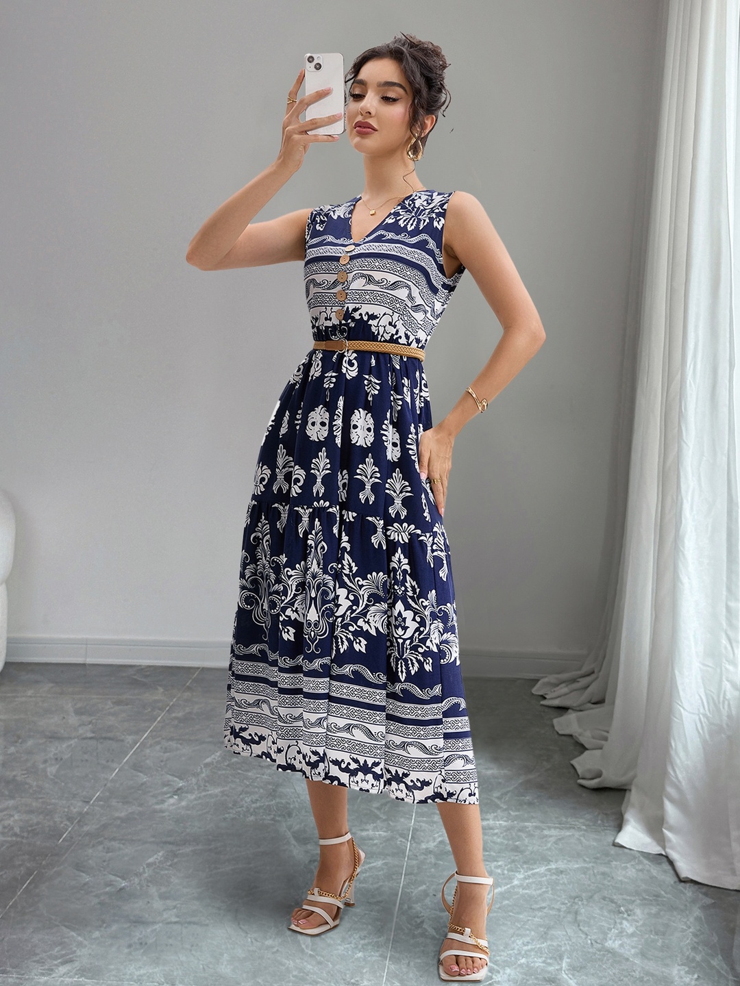 Navy Blue Printed Sleeveless Midi Dress