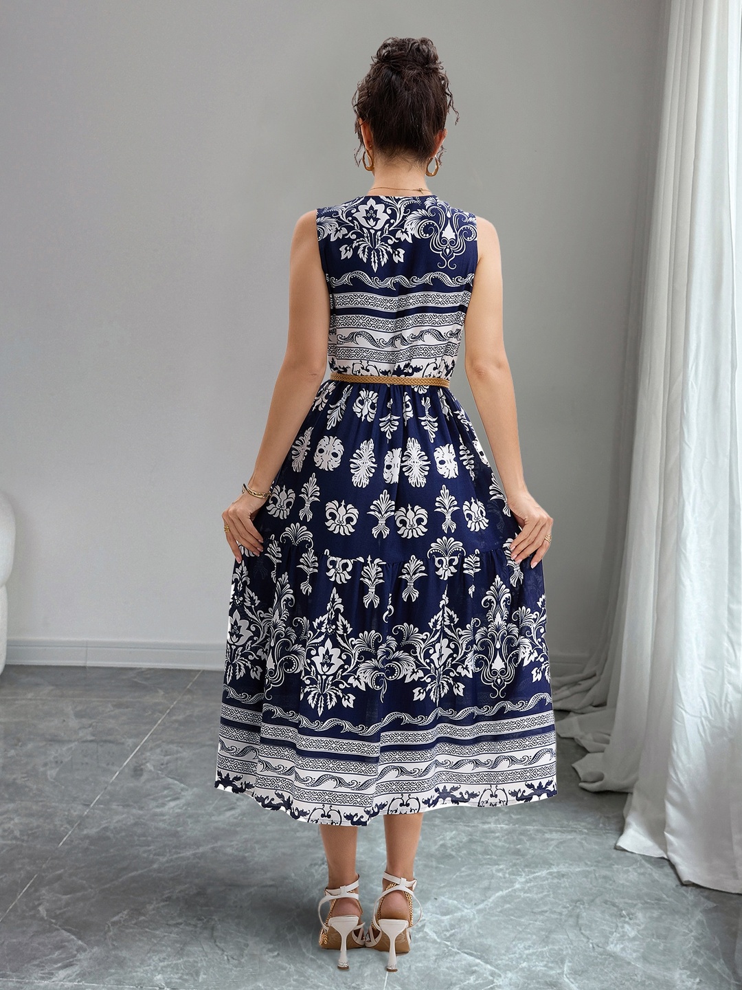 Navy Blue Printed Sleeveless Midi Dress