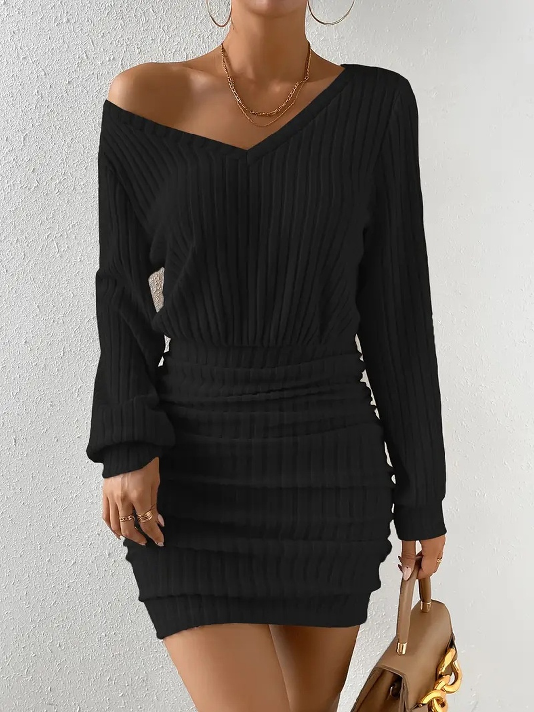 Black Ribbed Bodycon Mini Dress