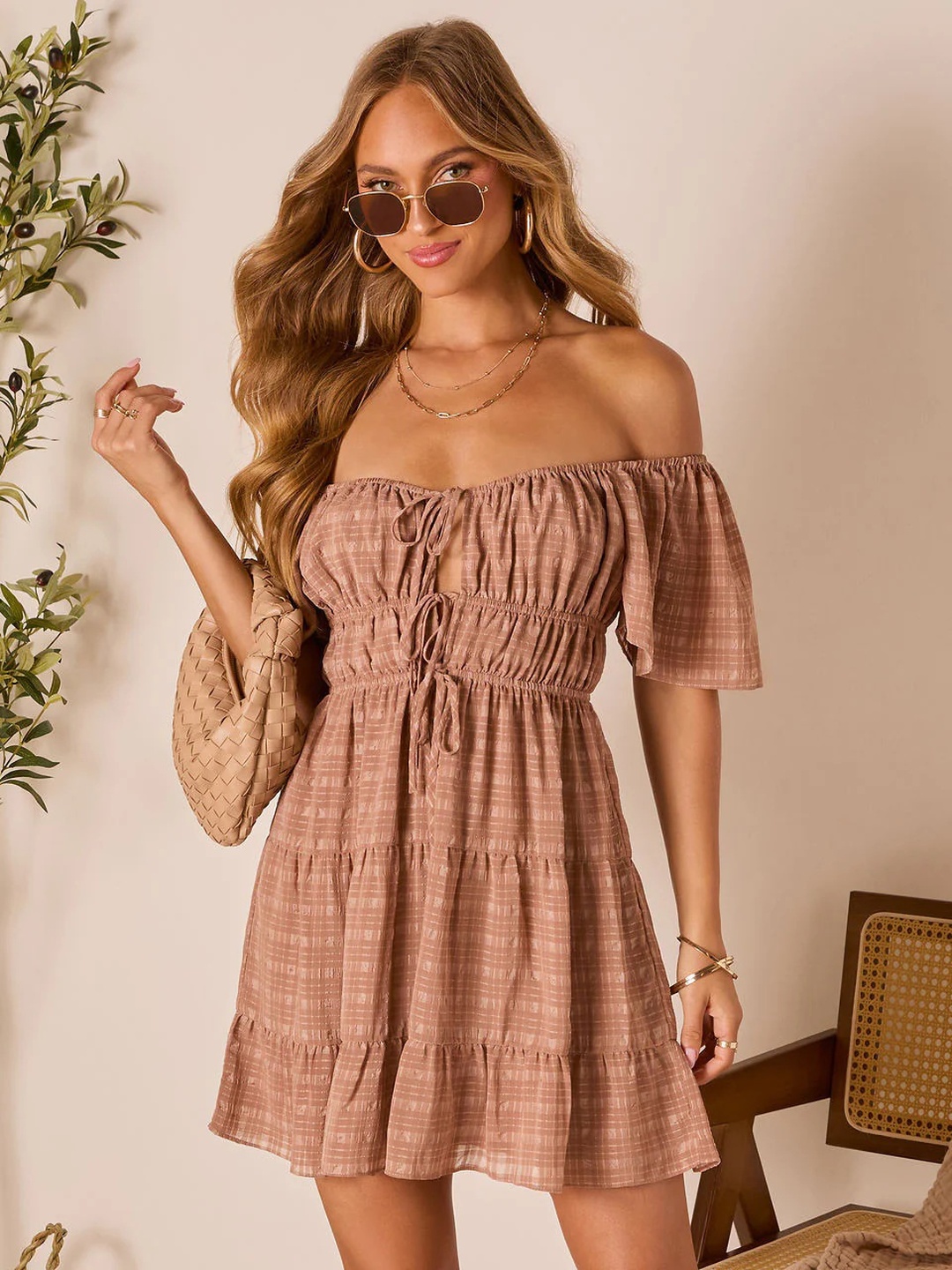 Brown Textured Tie Front Skater Mini Dress