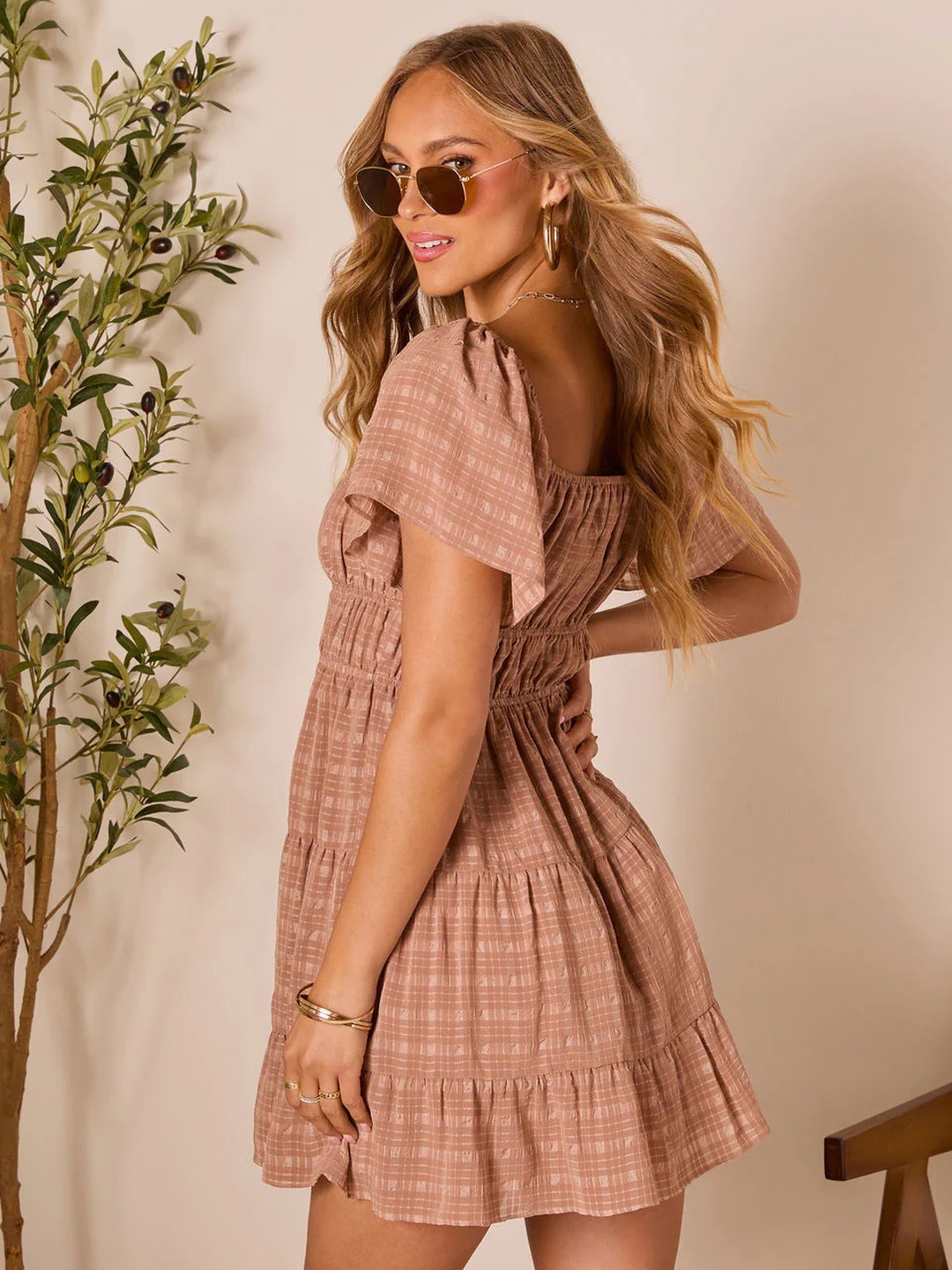 Brown Textured Tie Front Skater Mini Dress