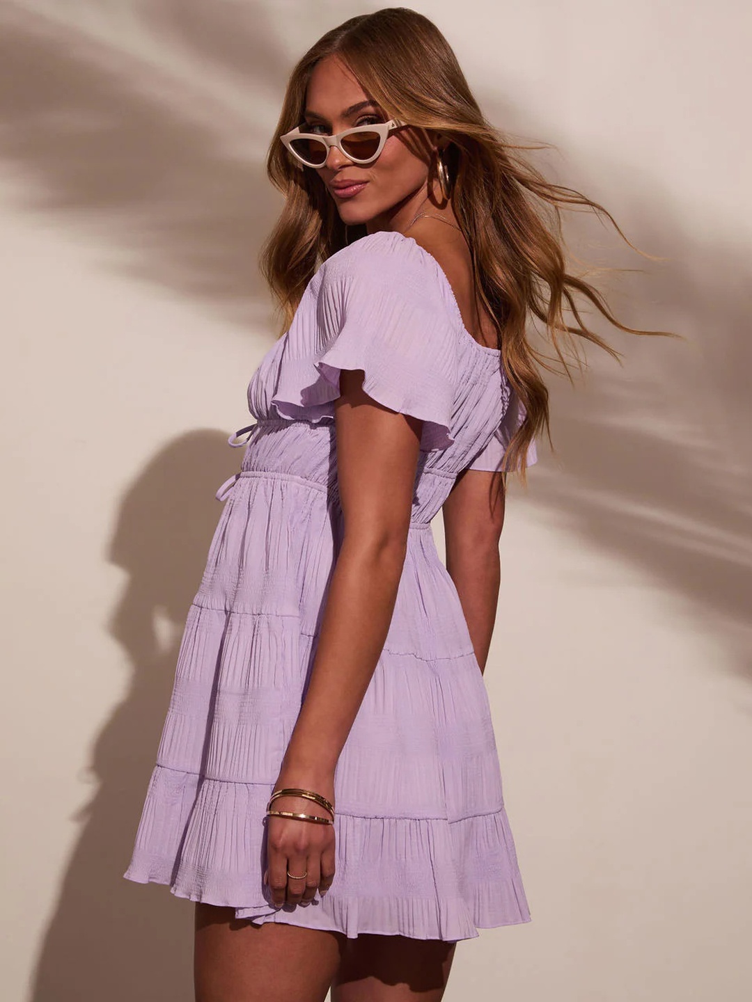 Purple Textured Tie Front Skater Mini Dress