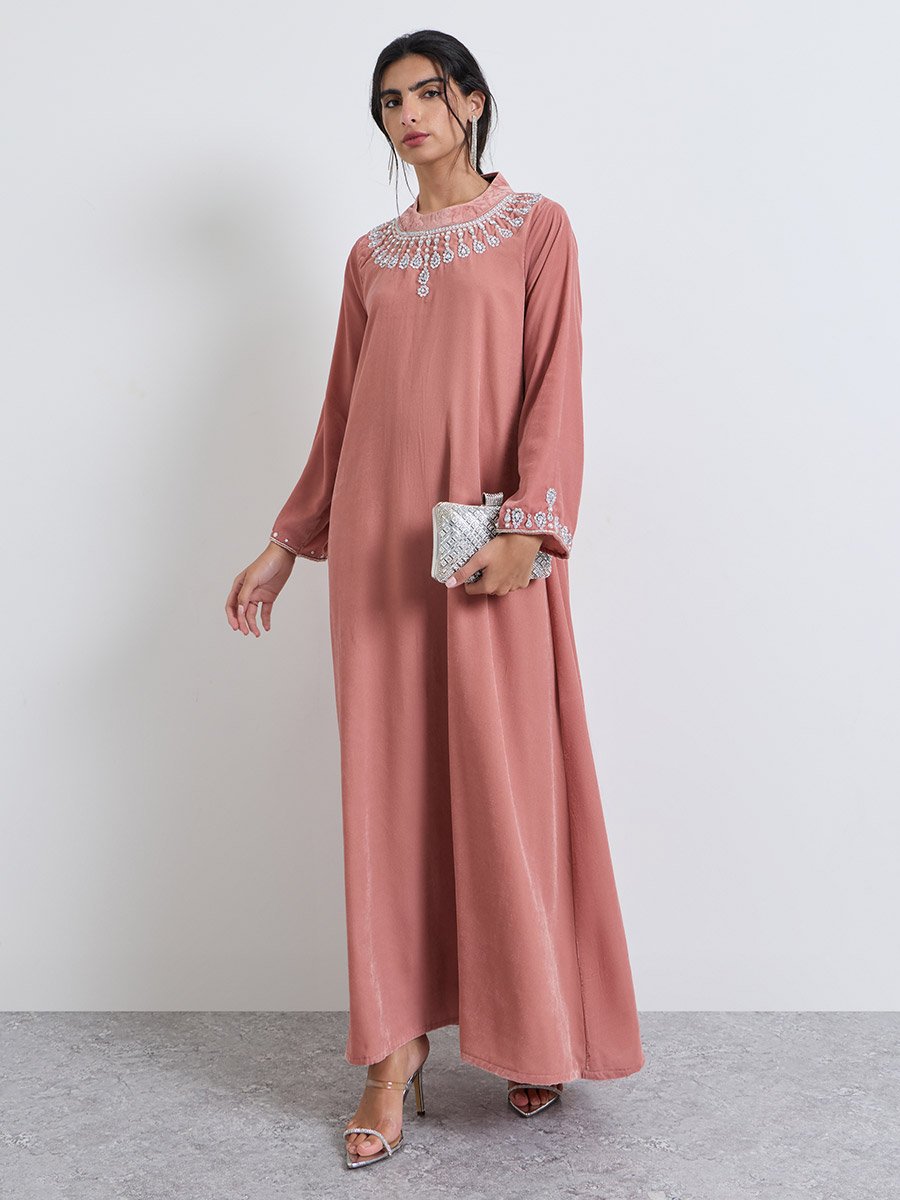 Pink Stand Collar Velvet-Look Winter Jalabiya with Crystal Embroidered
