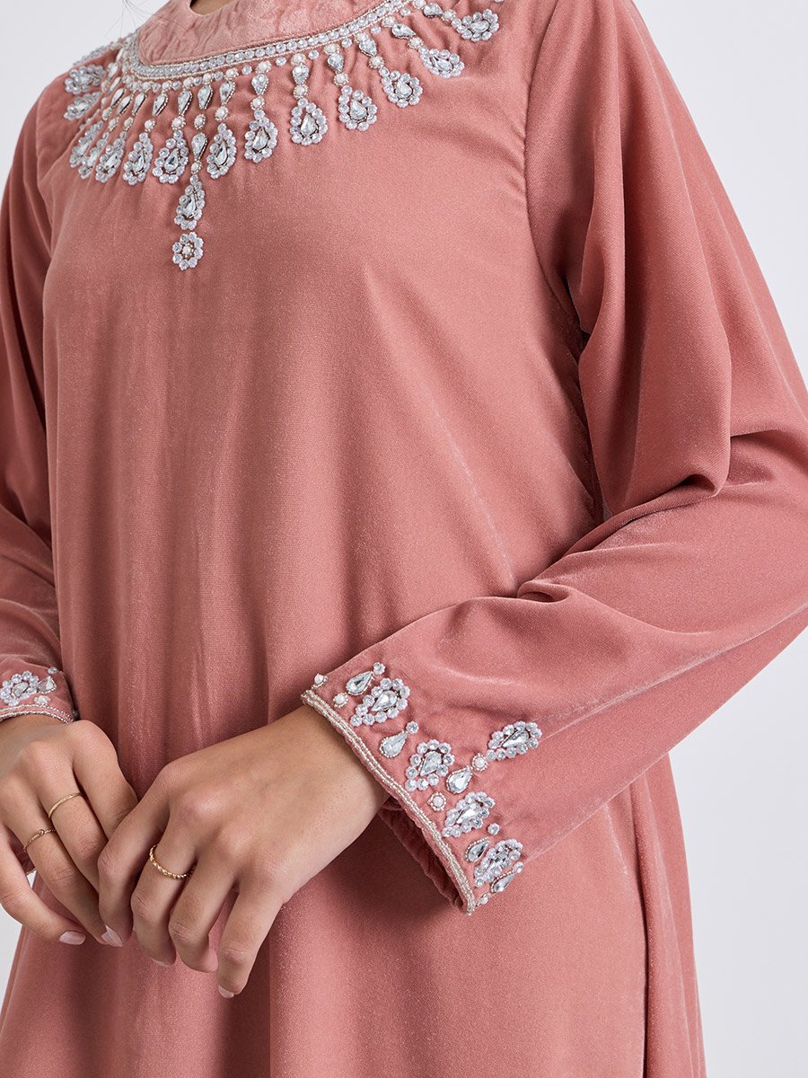 Pink Stand Collar Velvet-Look Winter Jalabiya with Crystal Embroidered