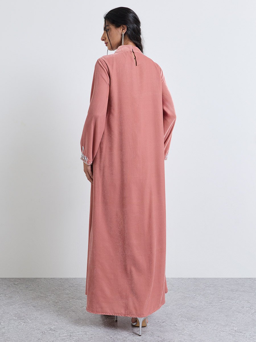 Pink Stand Collar Velvet-Look Winter Jalabiya with Crystal Embroidered