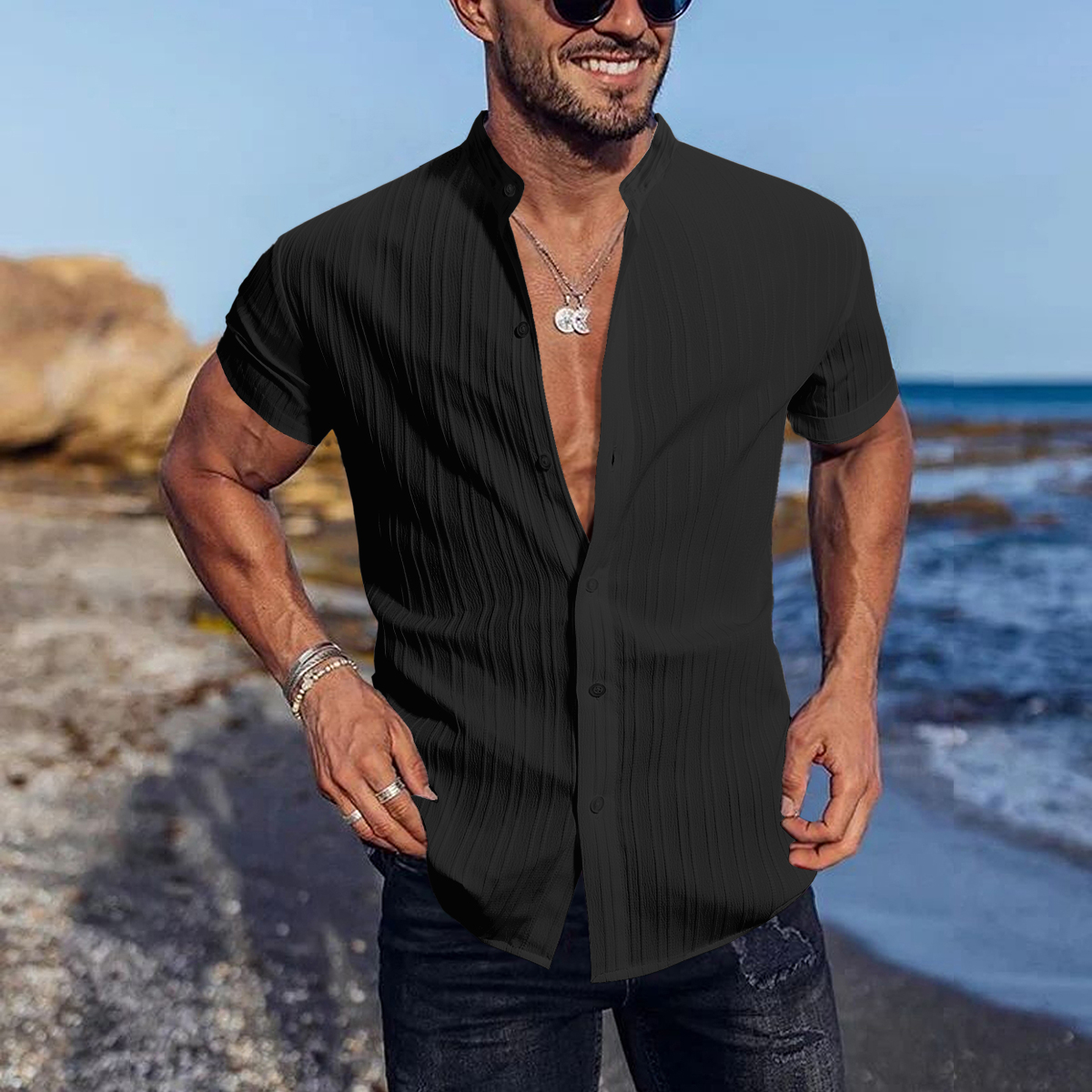 Men Textured Stand Collar Casual Shirt