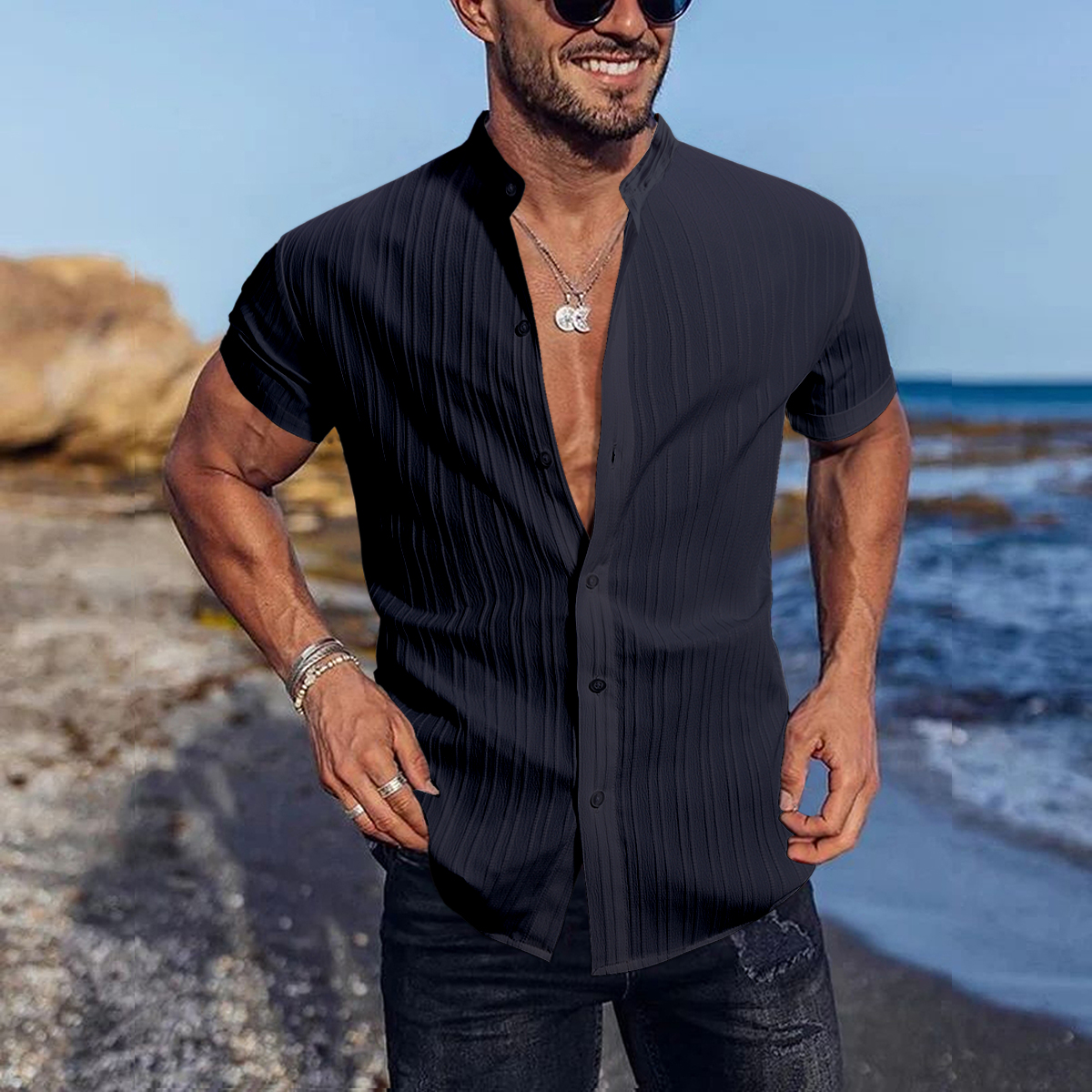 Men Textured Stand Collar Casual Shirt