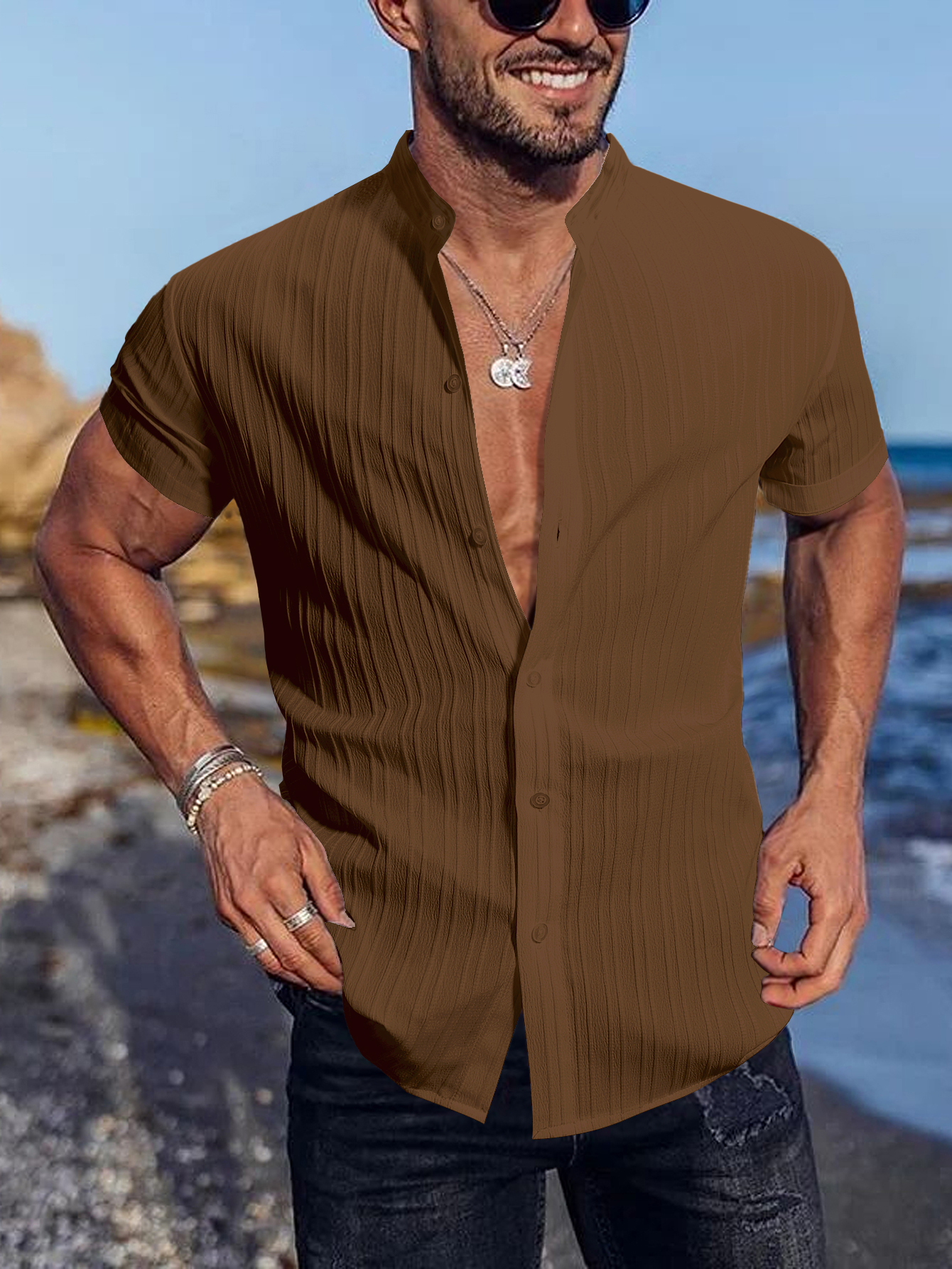 Men Textured Stand Collar Casual Shirt