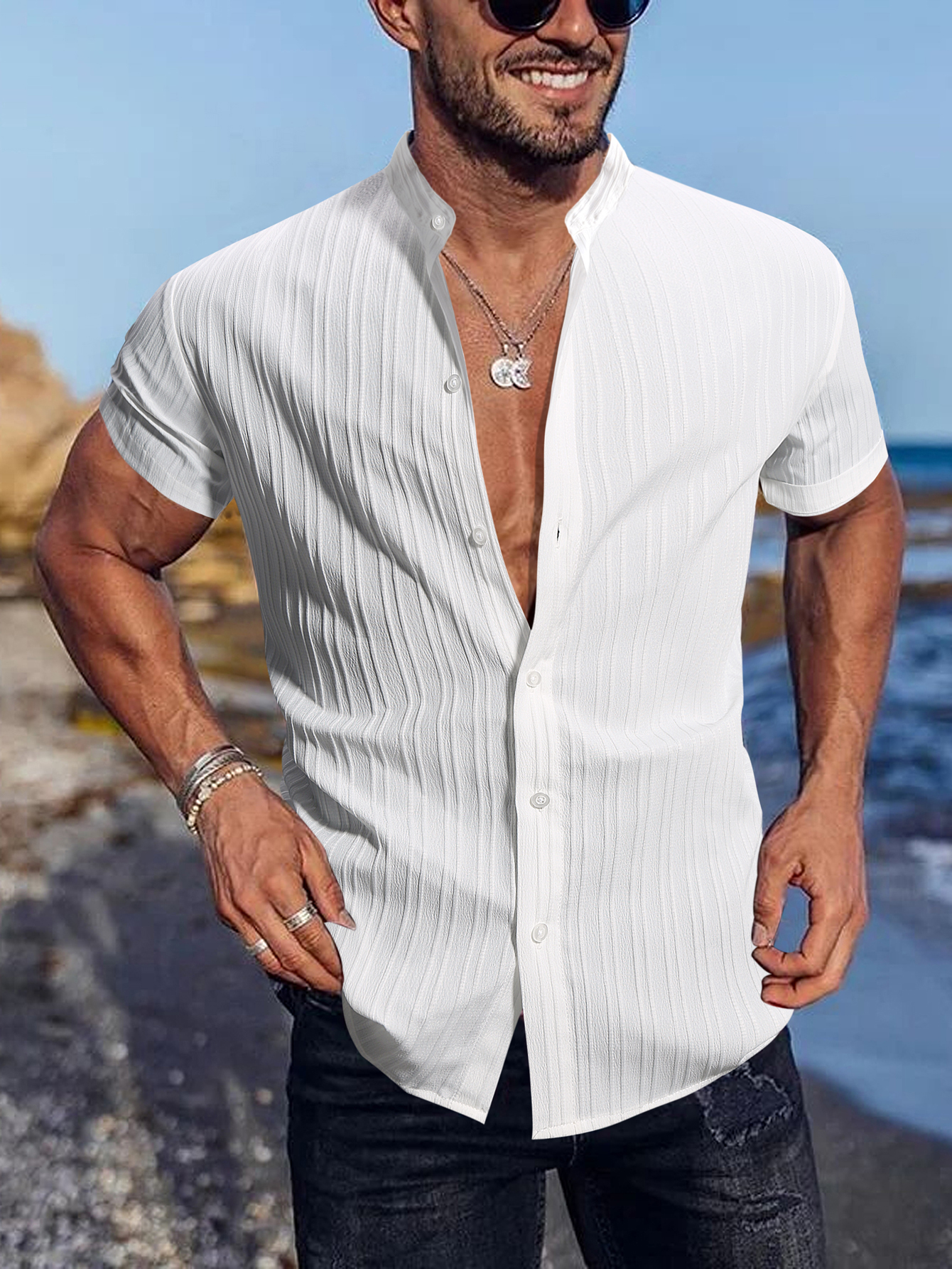 Men Textured Stand Collar Casual Shirt