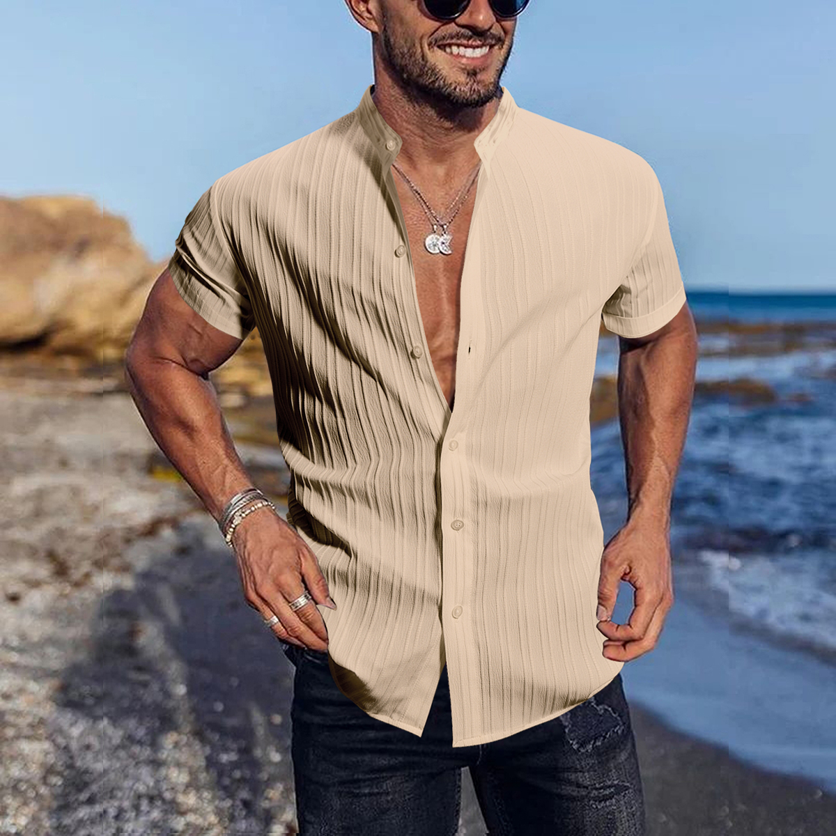 Men Textured Stand Collar Casual Shirt