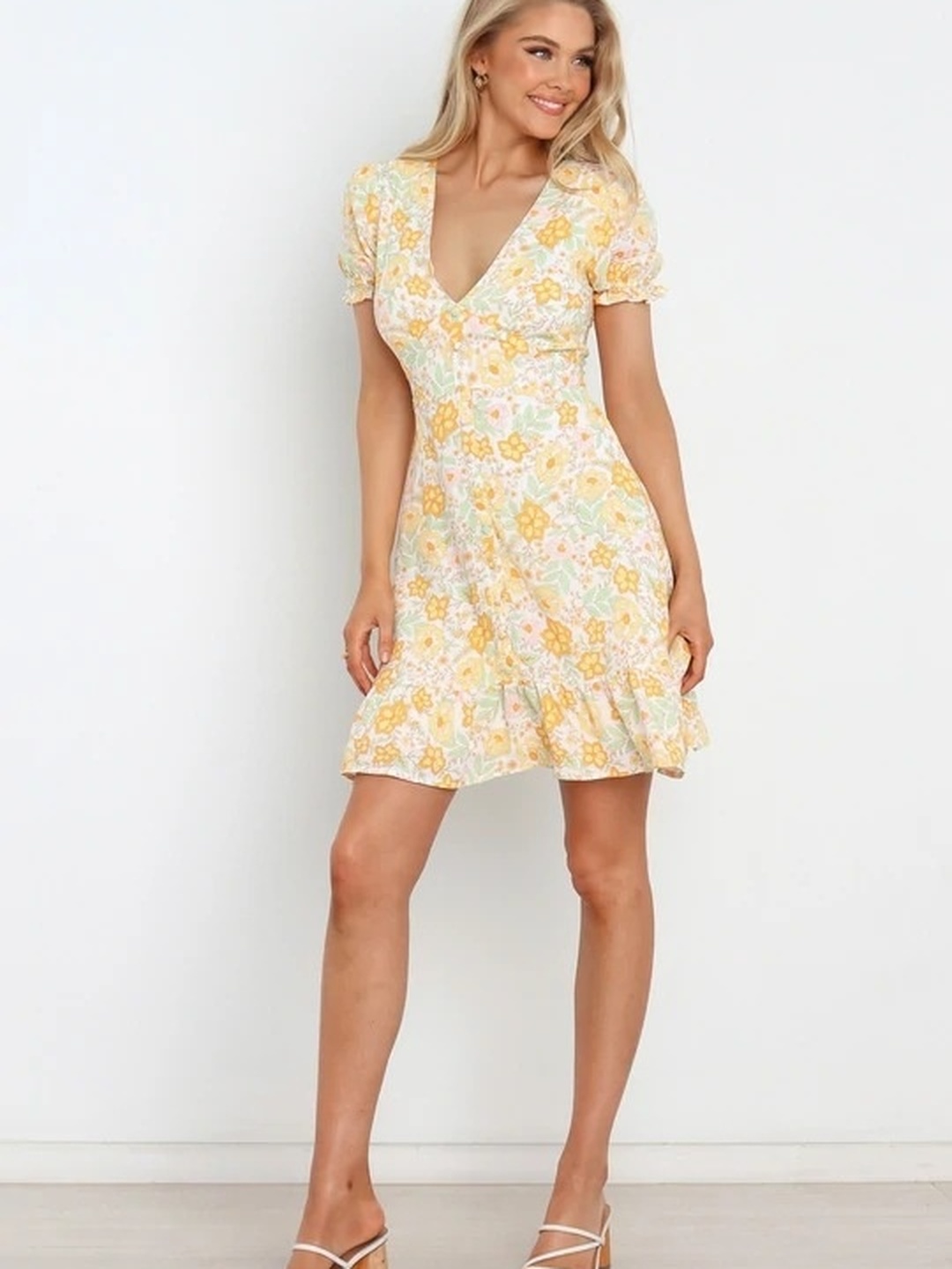 Yellow Floral Print Skater Mini Dress
