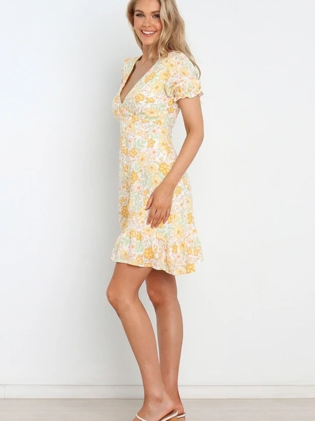 Yellow Floral Print Skater Mini Dress
