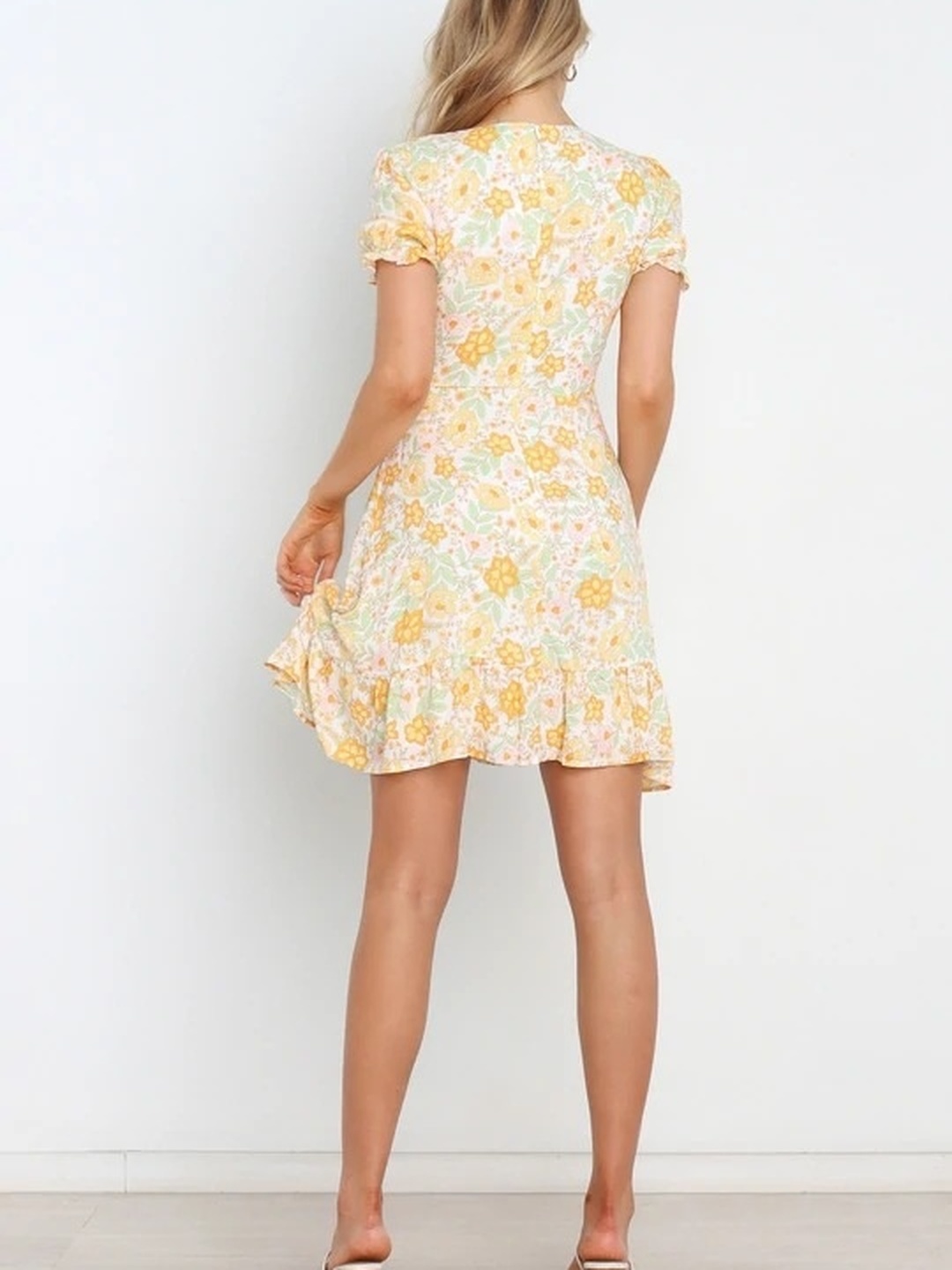 Yellow Floral Print Skater Mini Dress