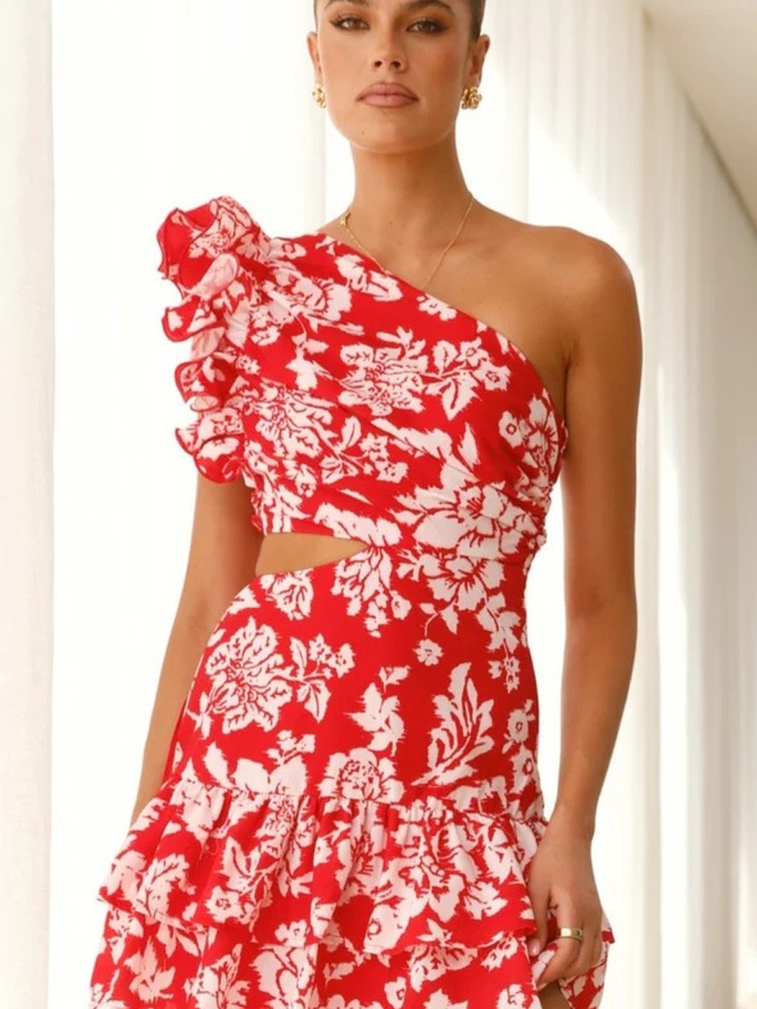 Red Ruffle One Sleeve Flared Mini Dress