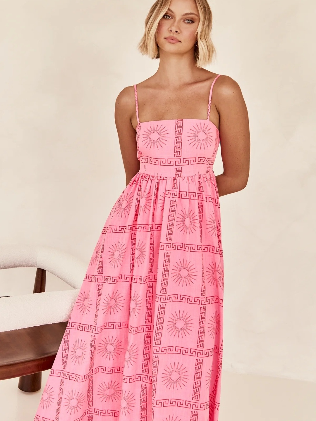 Pink All-Over Print Strappy A-Line Maxi Dress