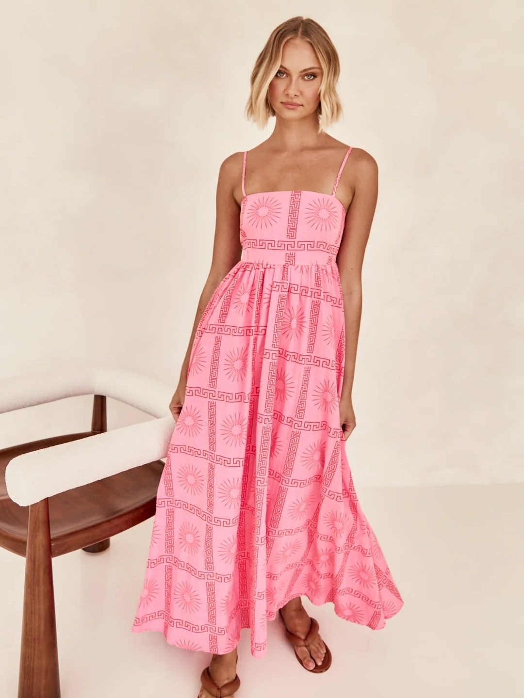 Pink All-Over Print Strappy A-Line Maxi Dress