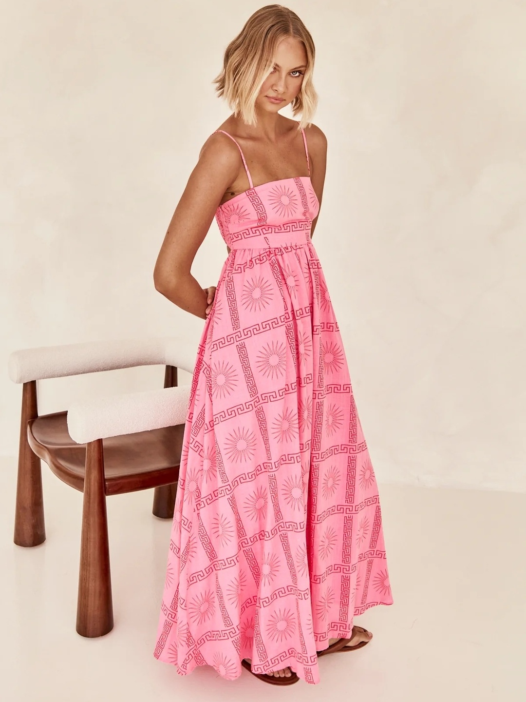 Pink All-Over Print Strappy A-Line Maxi Dress