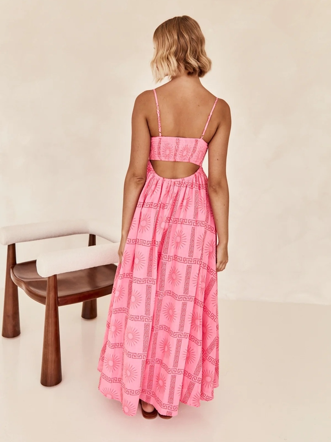 Pink All-Over Print Strappy A-Line Maxi Dress