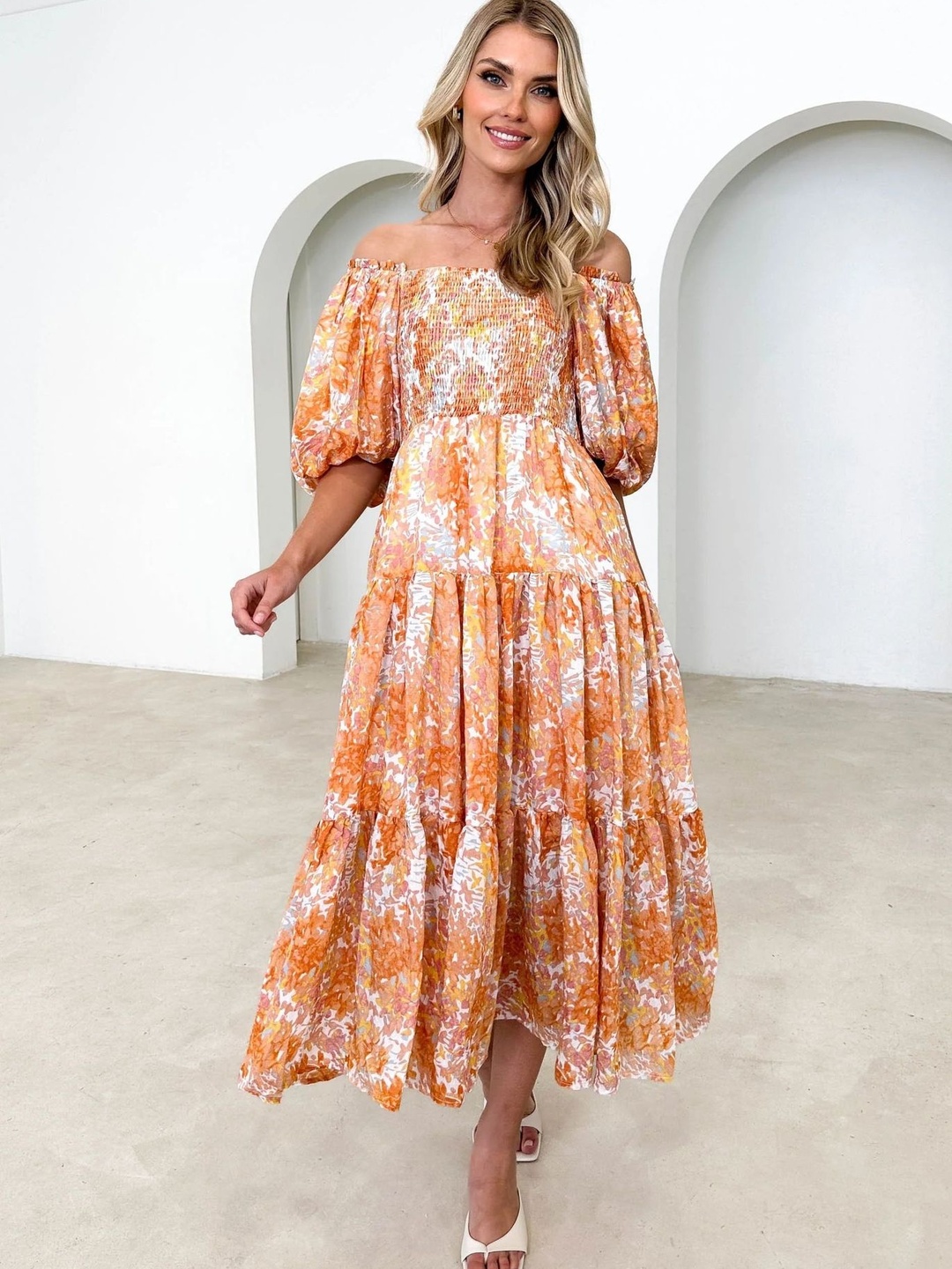 All-Over Print Off-Shoulder Tiered Midi Dress