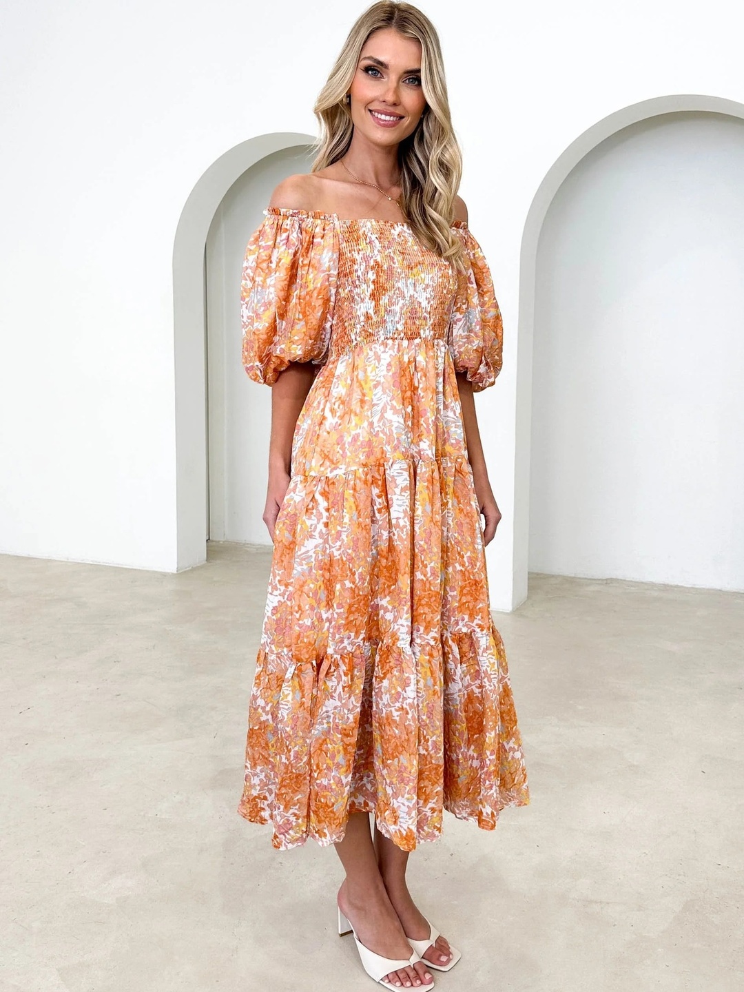 All-Over Print Off-Shoulder Tiered Midi Dress