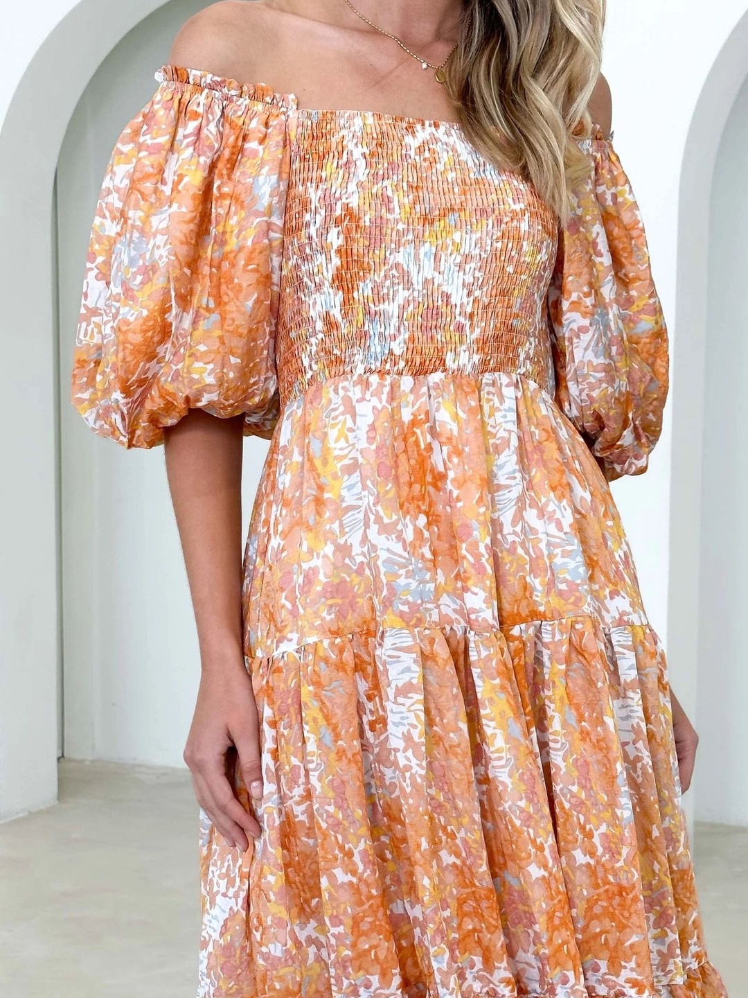 All-Over Print Off-Shoulder Tiered Midi Dress