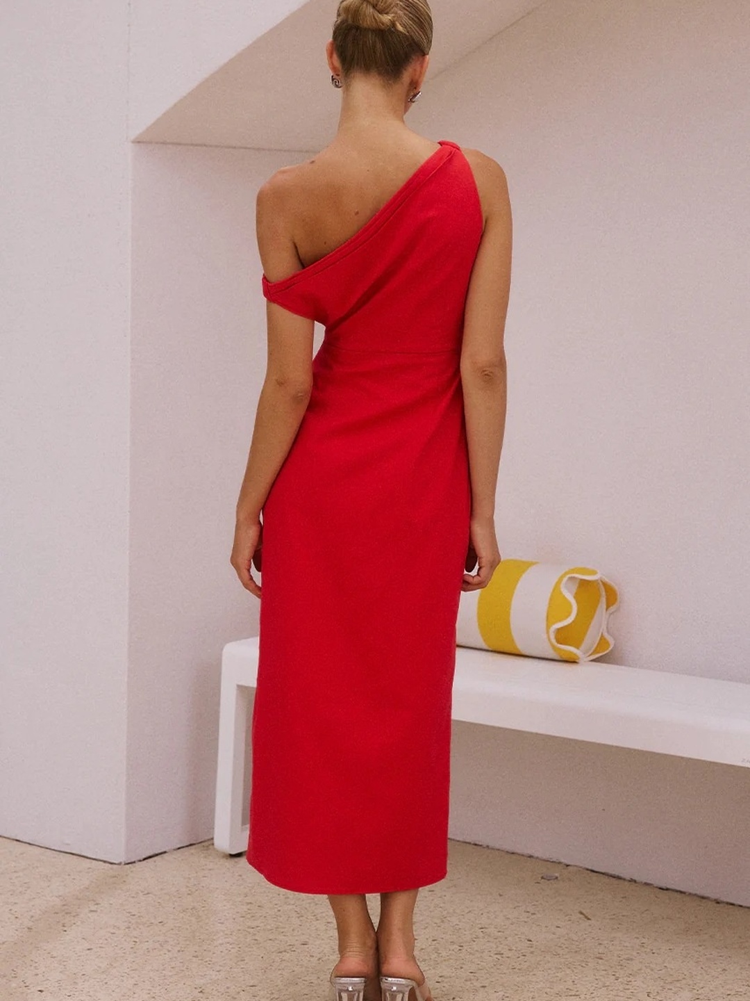 Red Solid One Shoulder Neck Sheath Midi Dress 