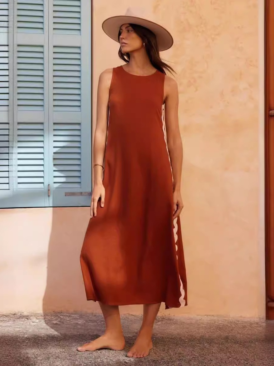Coffee Brown Sleeveless Striped Shift Dress