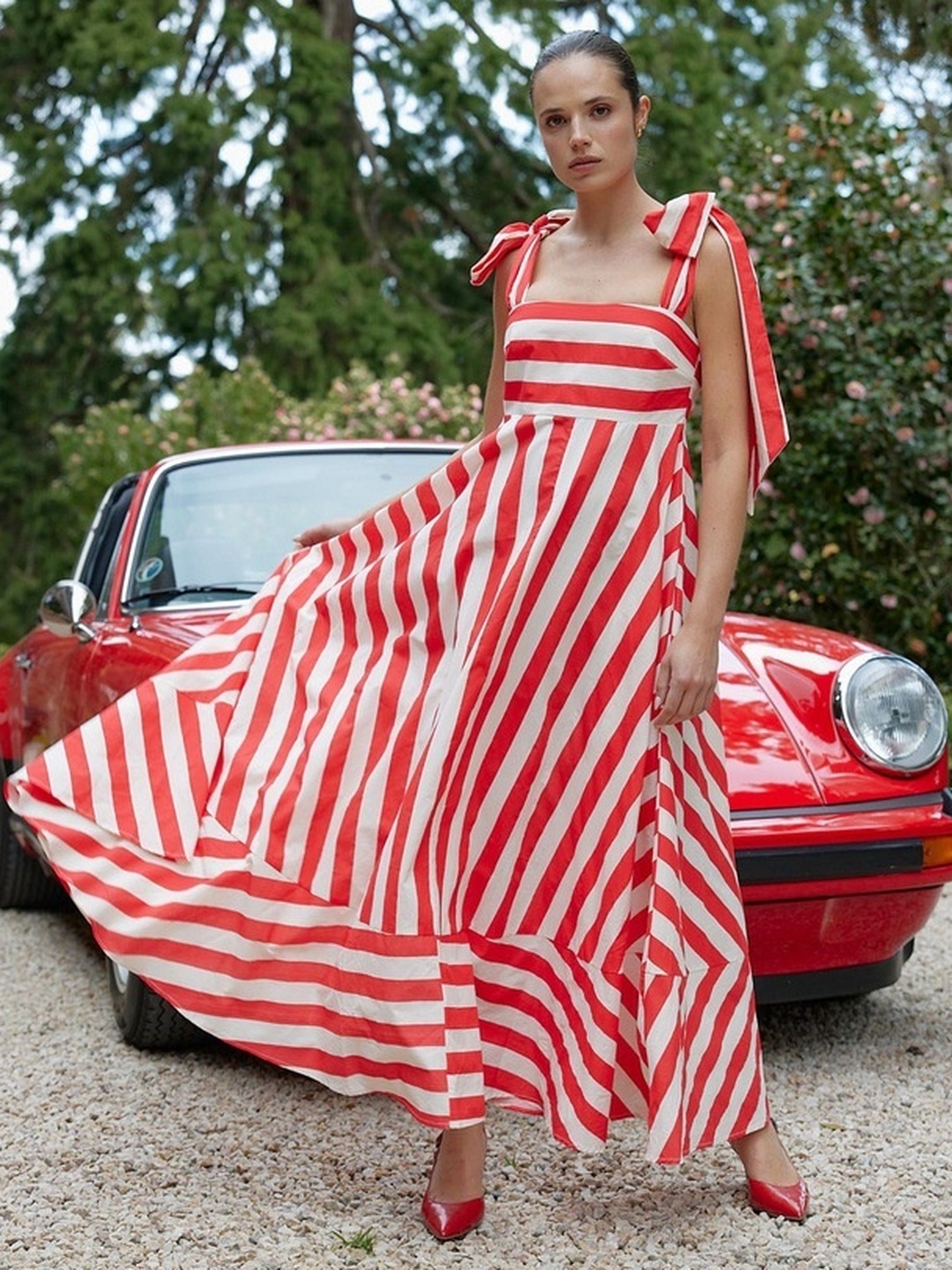 Red Striped Strappy A-Line Midi Dress