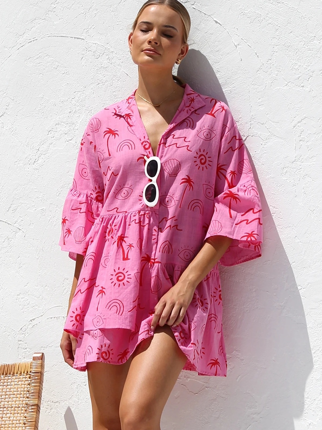 Magenta Printed Collared A-Line Mini Dress