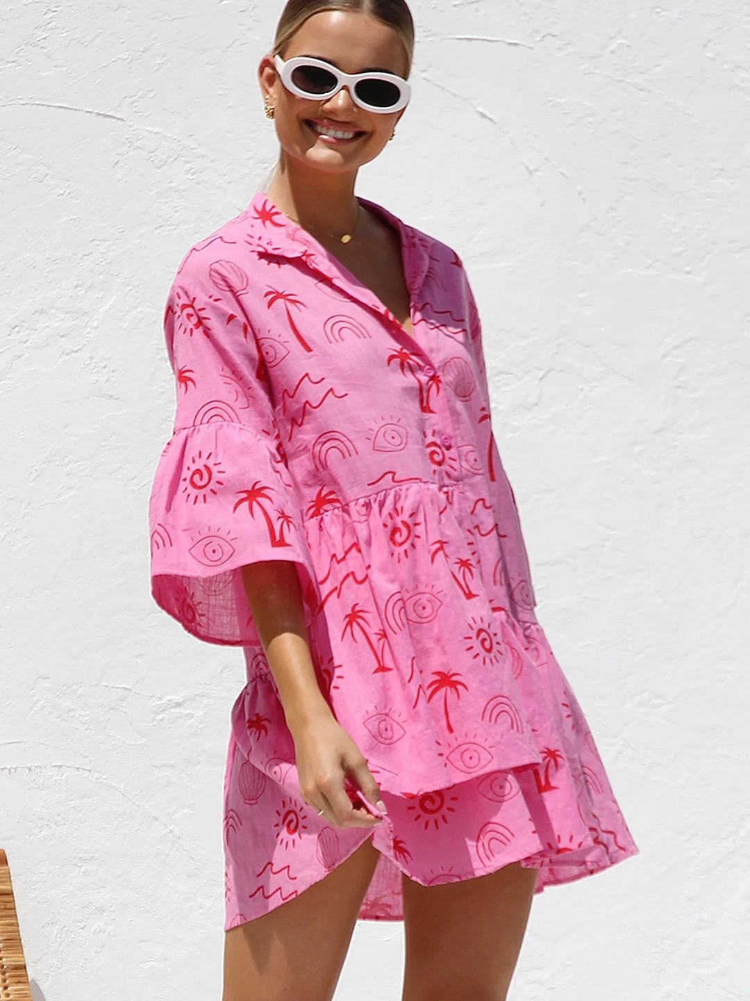 Magenta Printed Collared A-Line Mini Dress