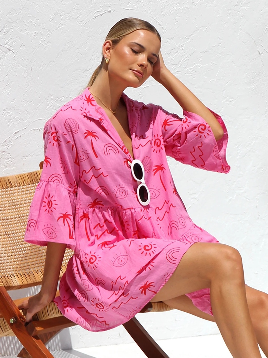 Magenta Printed Collared A-Line Mini Dress