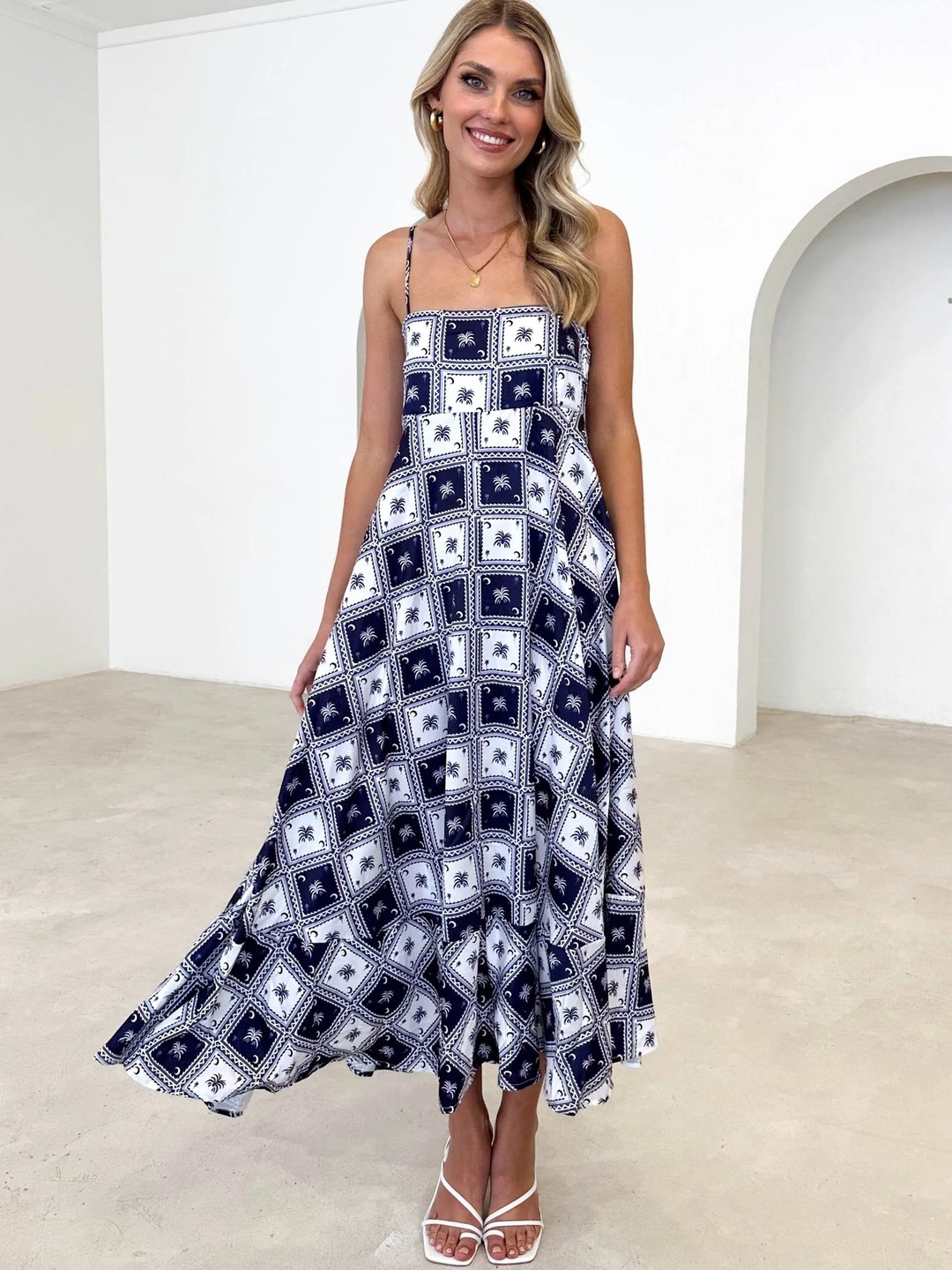 Black All-Over Print Strappy A-Line Maxi Dress