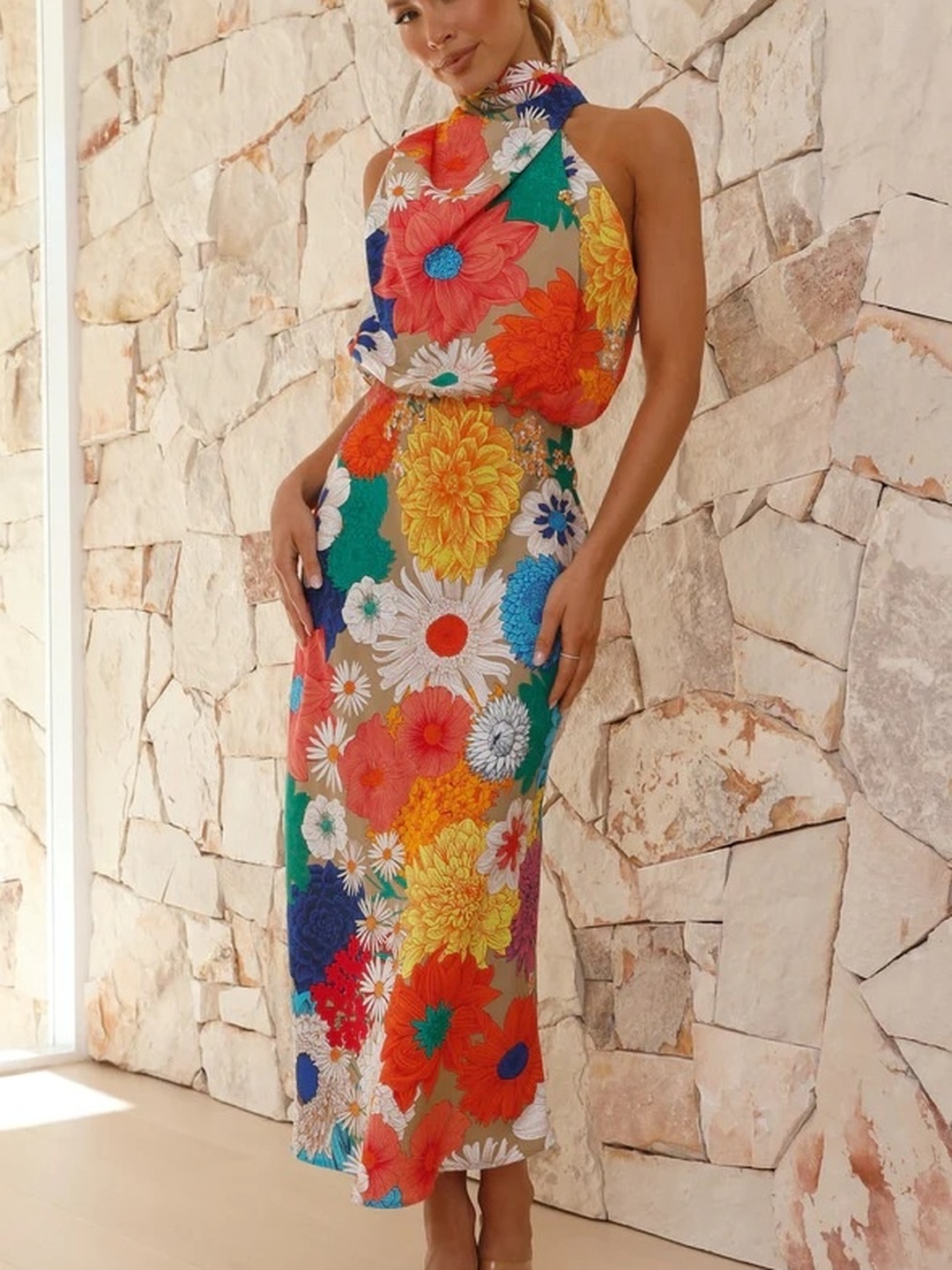 Floral Printed Halterneck Midi Dress