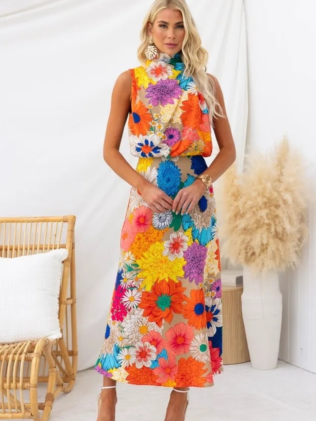 Floral Print High Neck A-Line Midi Dress