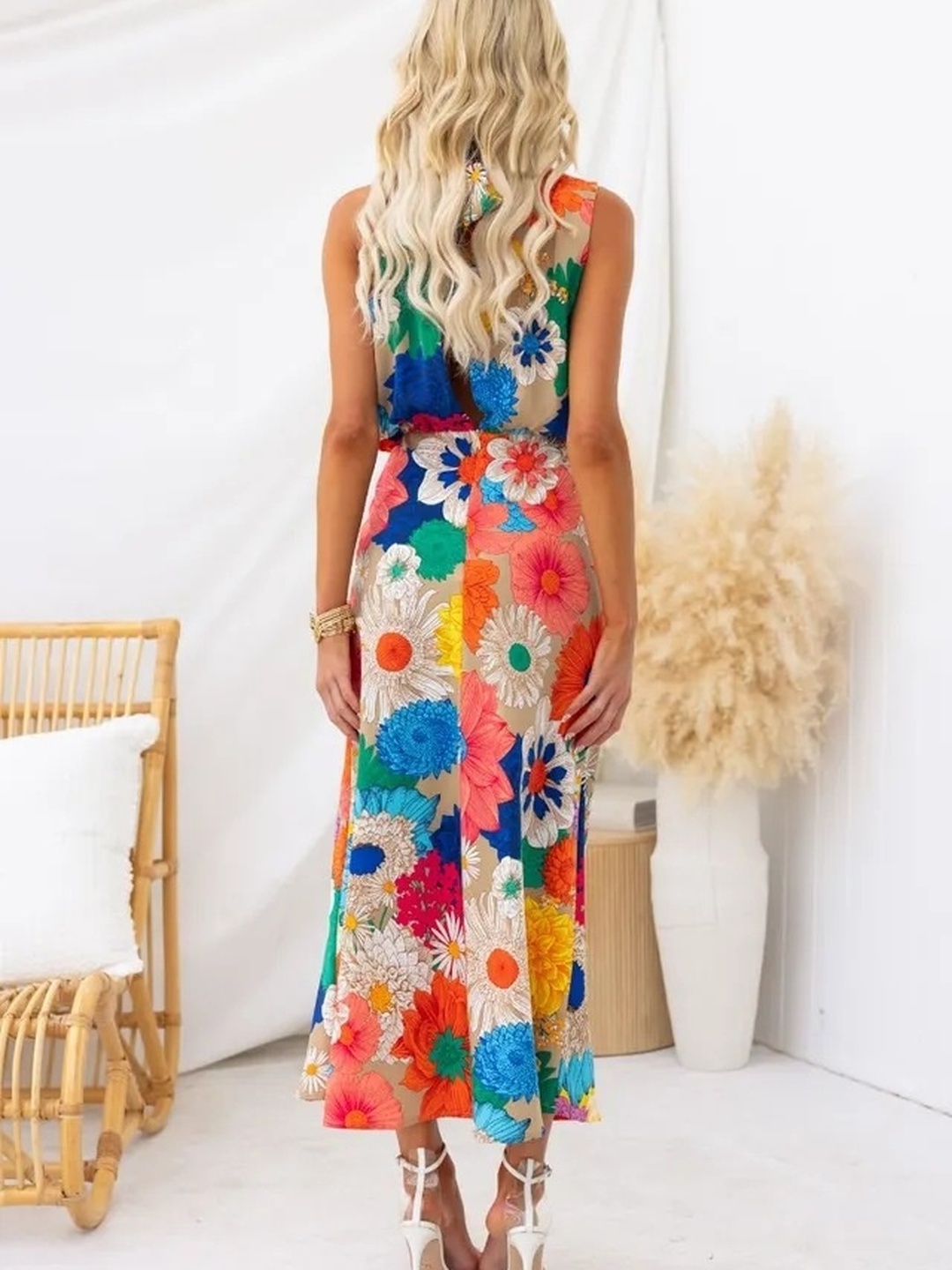 Floral Print High Neck A-Line Midi Dress