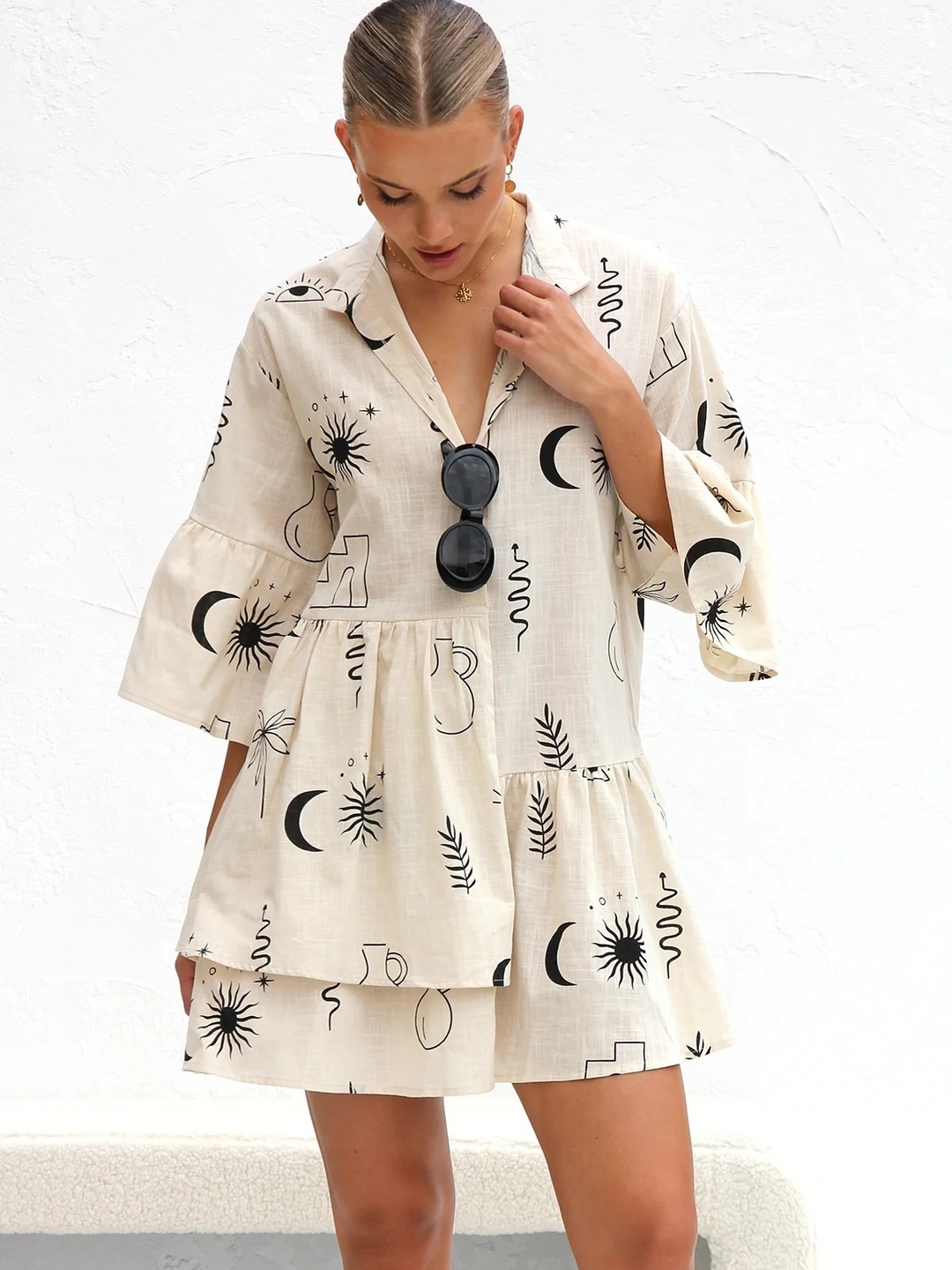 Beige Printed Collared A-Line Mini Dress