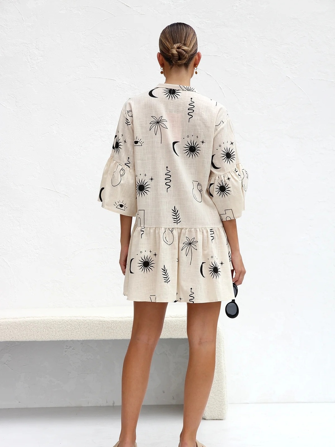 Beige Printed Collared A-Line Mini Dress