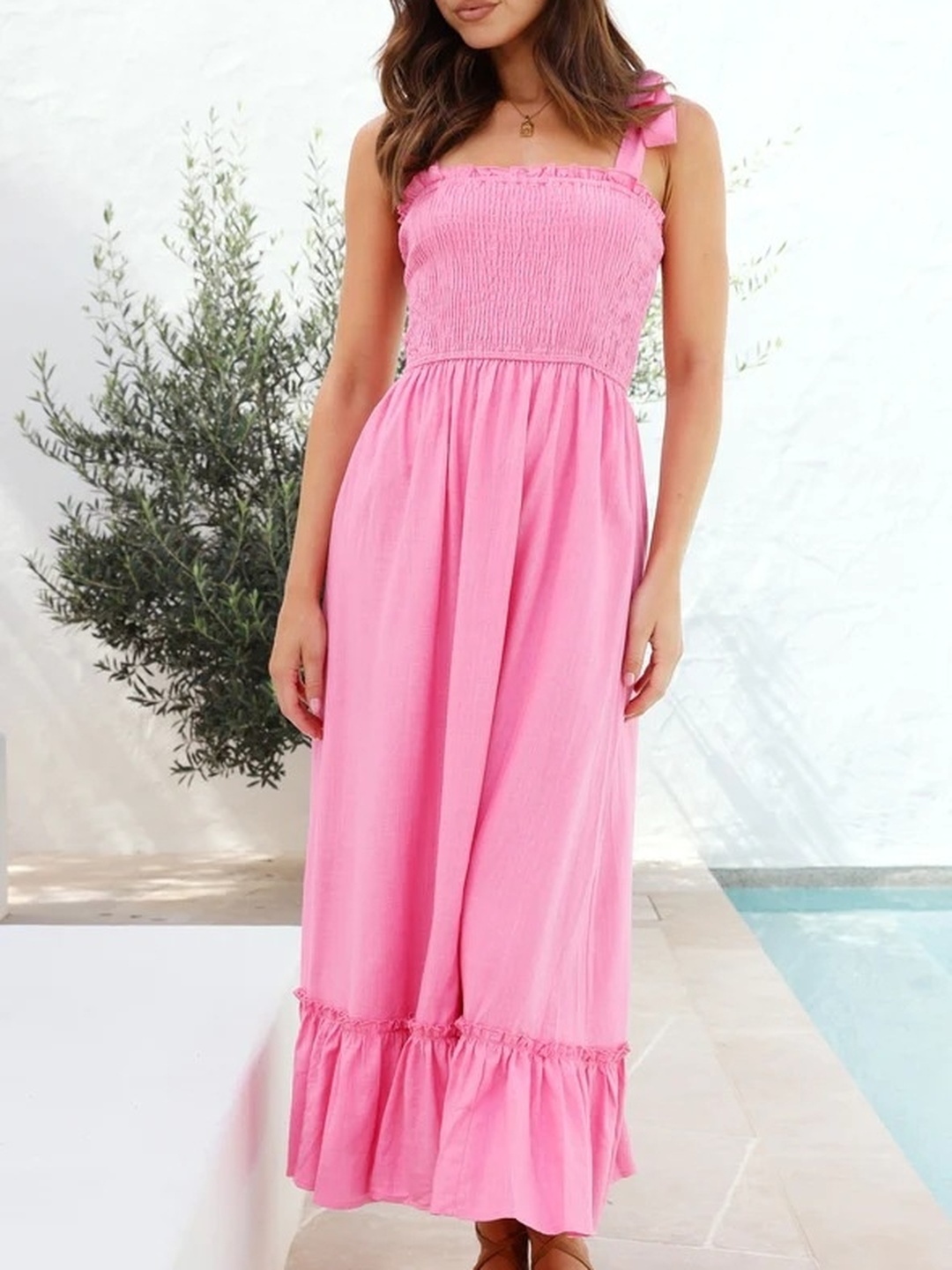 Pink Solid Smocked Square Neck A-Line Midi Dress