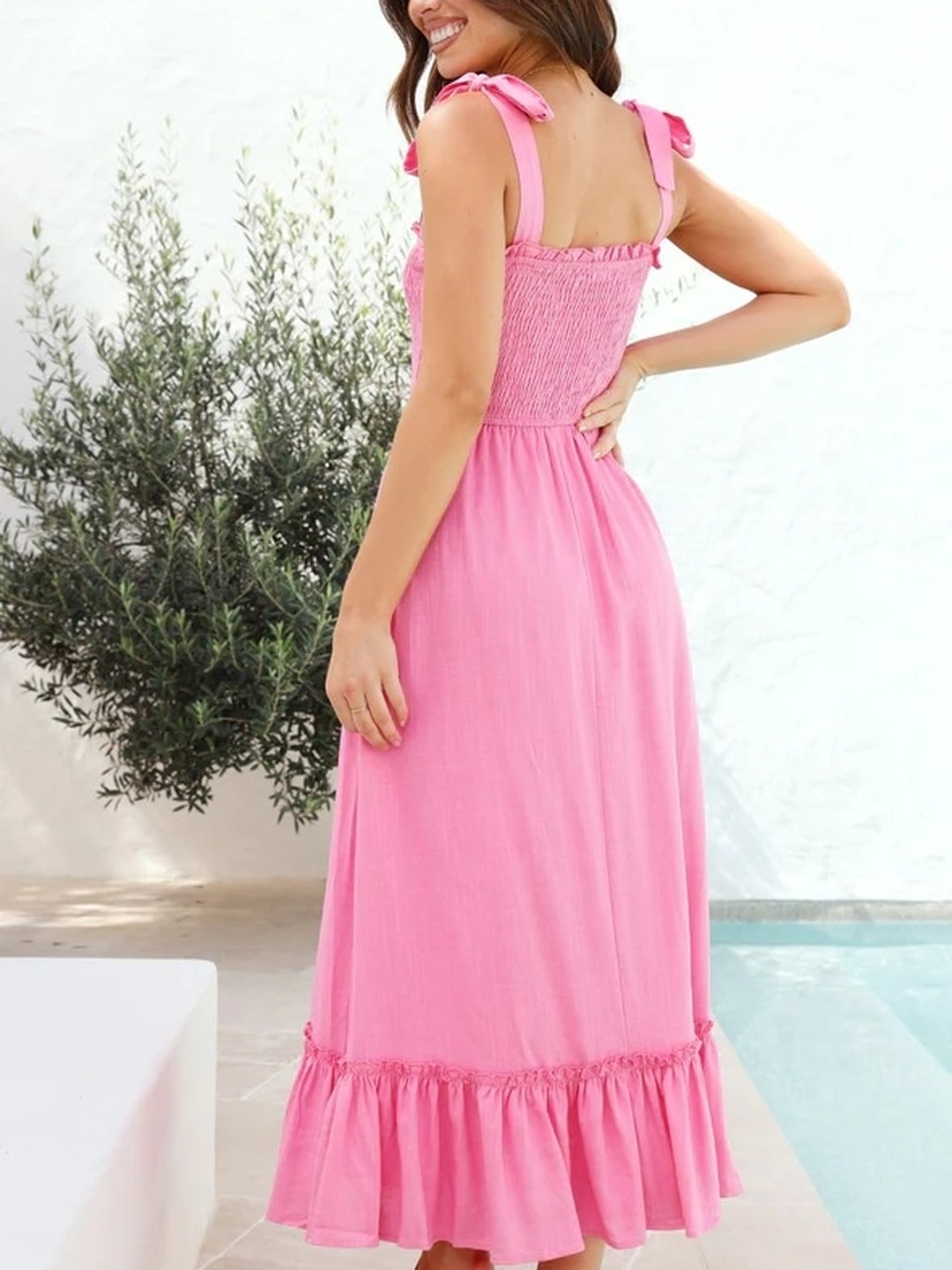Pink Solid Smocked Square Neck A-Line Midi Dress
