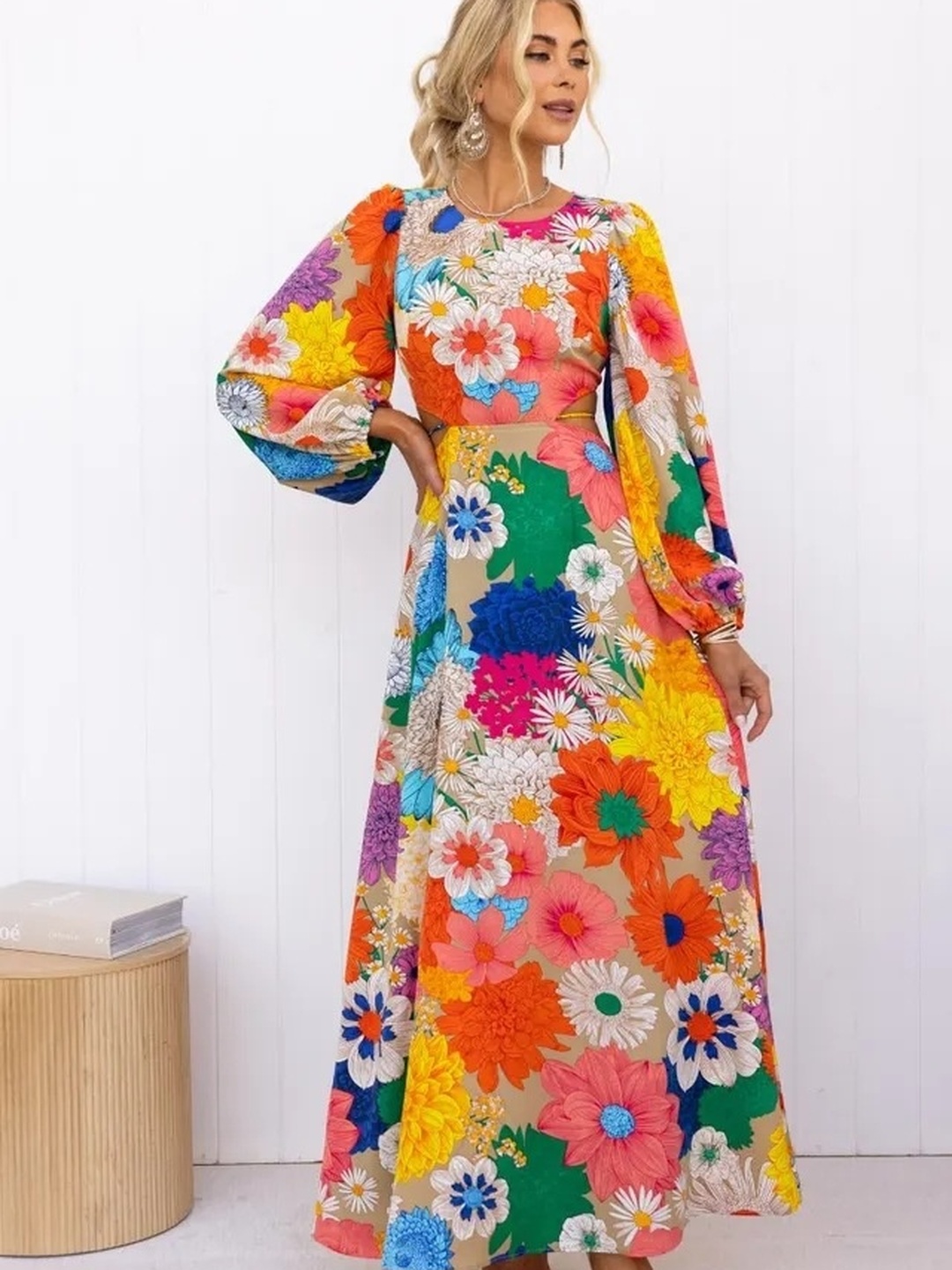 Multi Flower Print Balloon Sleeves Maxi Dress