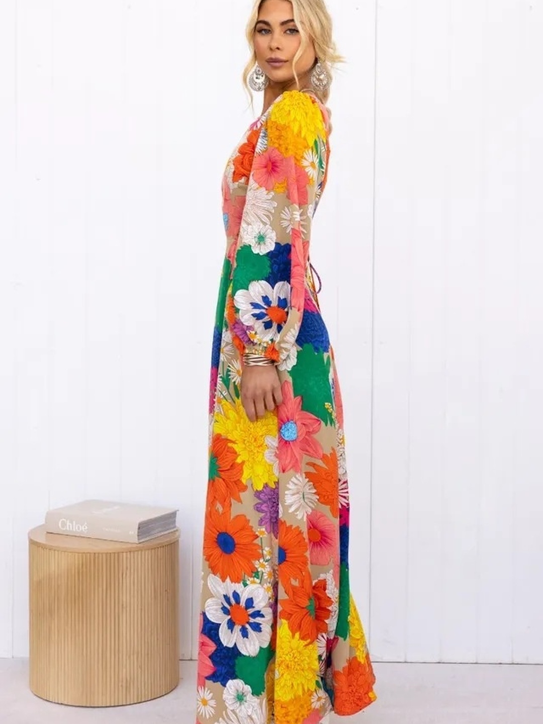 Multi Flower Print Balloon Sleeves Maxi Dress