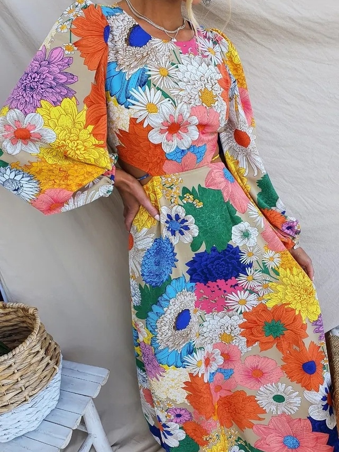 Multi Flower Print Balloon Sleeves Maxi Dress