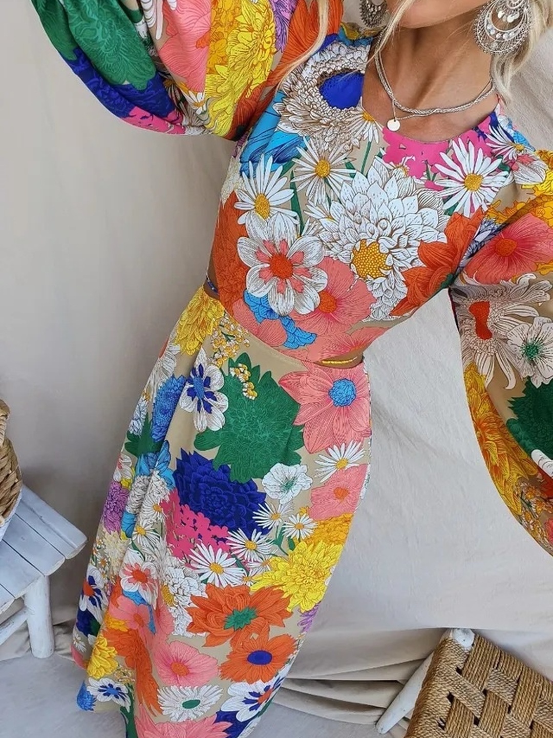 Multi Flower Print Balloon Sleeves Maxi Dress