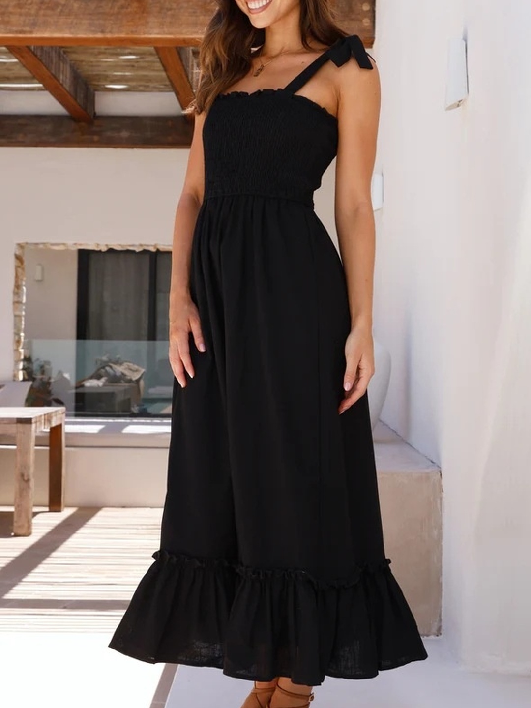 Black Solid Smocked Square Neck A-Line Midi Dress