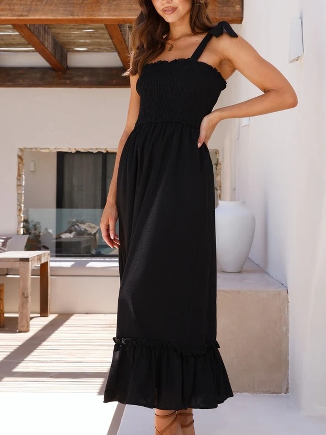 Black Solid Smocked Square Neck A-Line Midi Dress