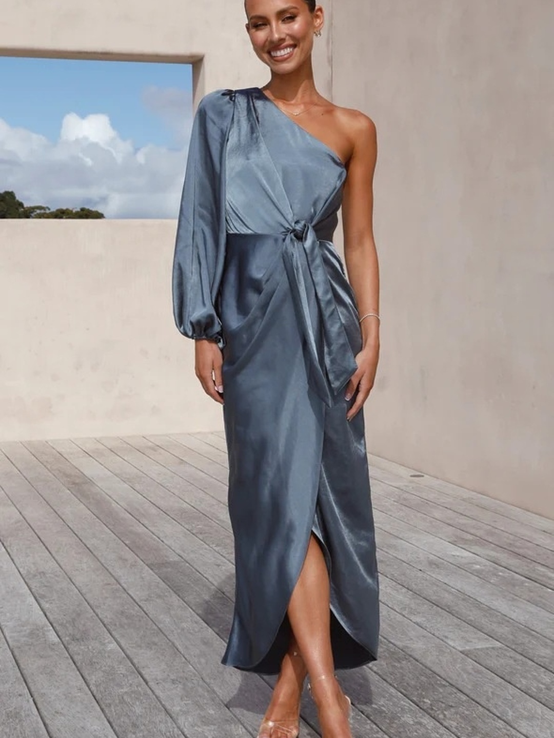 Grey Satin One Shoulder A-Line Midi Dress
