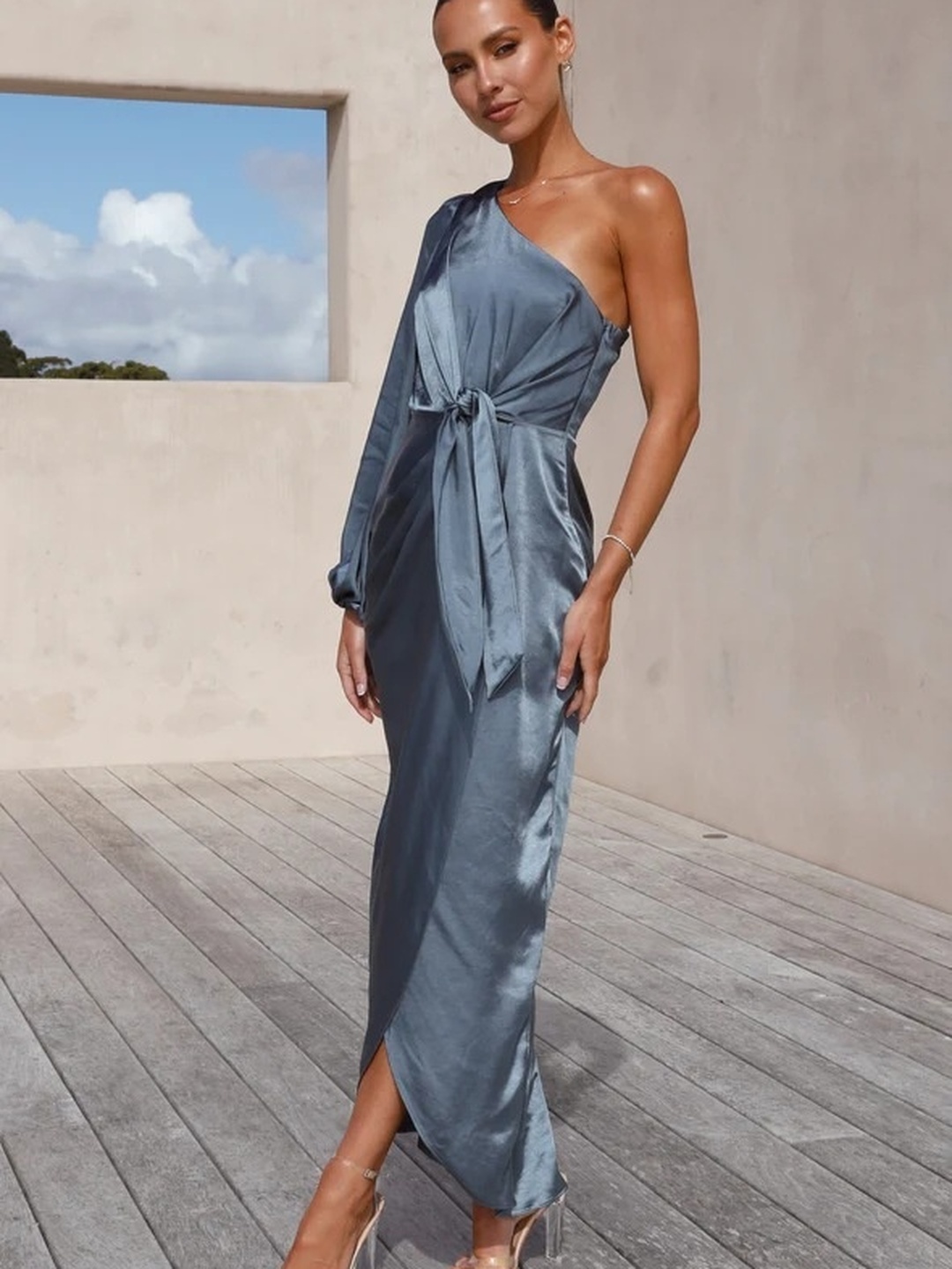 Grey Satin One Shoulder A-Line Midi Dress